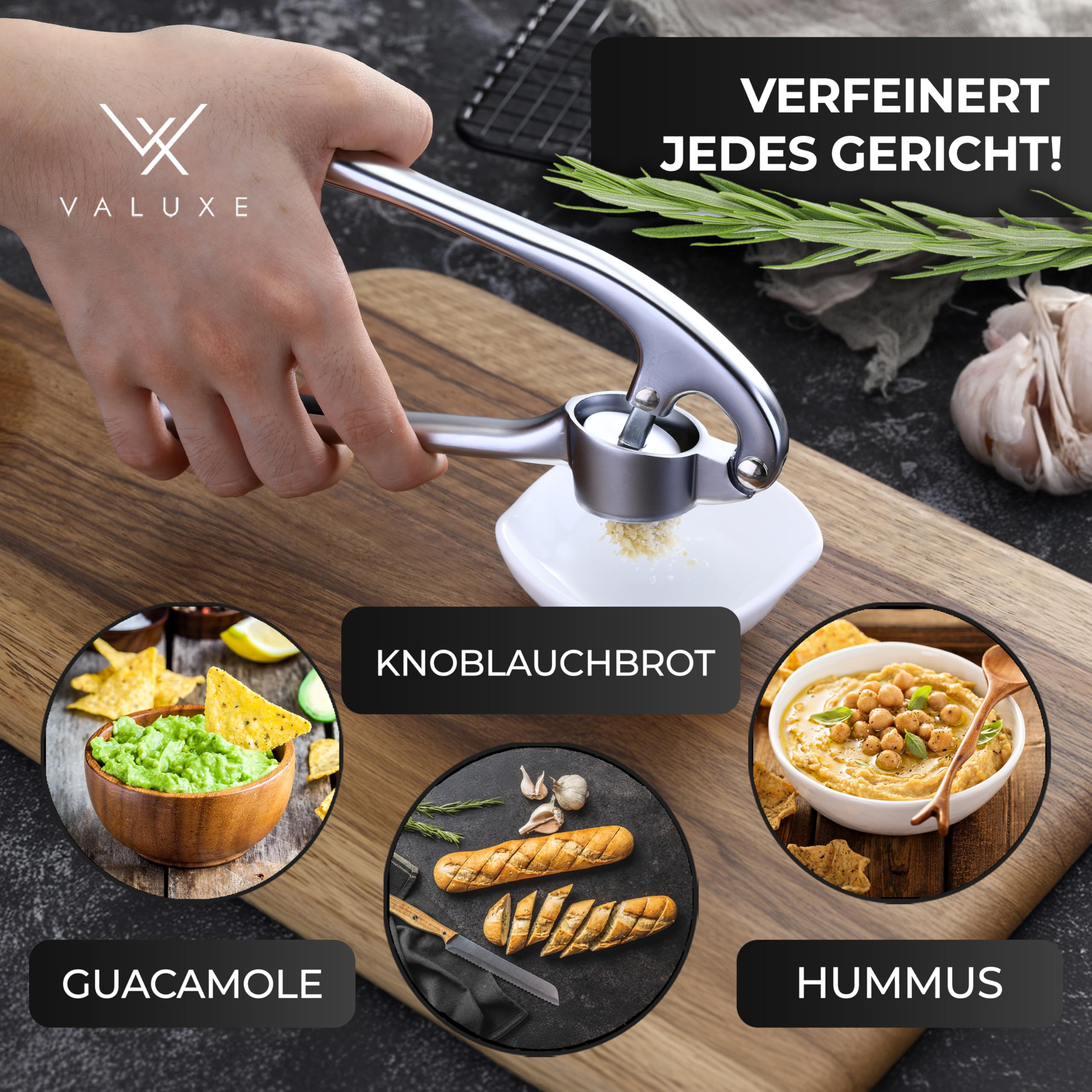 VALUXE® Knoblauchpresse spülmaschinenfest mit kraftvoller Hebelwirkung - Praktische Knoblauch-Presse - Profi Garlic Press Crusher, Handpresse hochwertig & robust