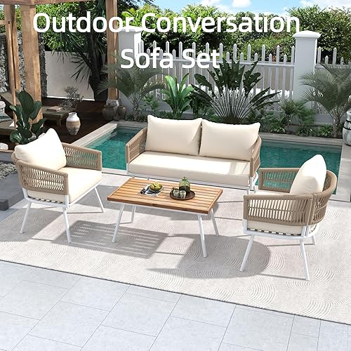 Miniatura 3 de Juego de muebles de exterior de cuerda de 4 piezas, juego de sofá de conversación para patio con mesa de madera de acacia, muebles de metal con