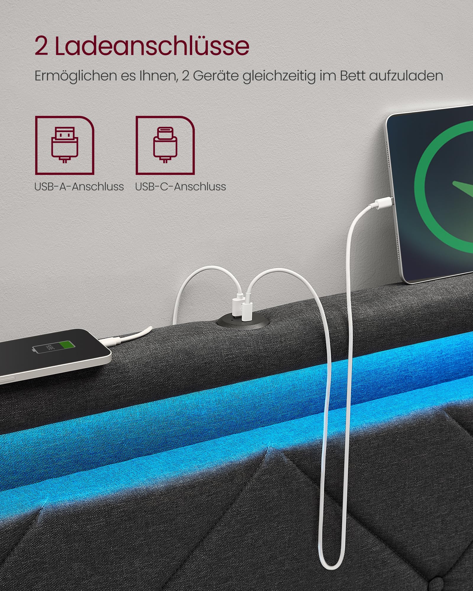 VASAGLE Doppelbettgestell, Bettgestell, 180 x 200 cm, LED, Metallbett, 4 Schubladen, Ladestation, verstellbares gepolstertes Kopfteil, dunkelgrau RMB825GN02
