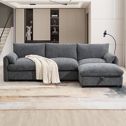 Chifee & Vingol 96.5" L Shaped Couch Chenille Sectional Sofa with Storage Ottoman Cloud Couch Sectional for Living Room with Adjustable Phone Holder and USB Charger-Gray