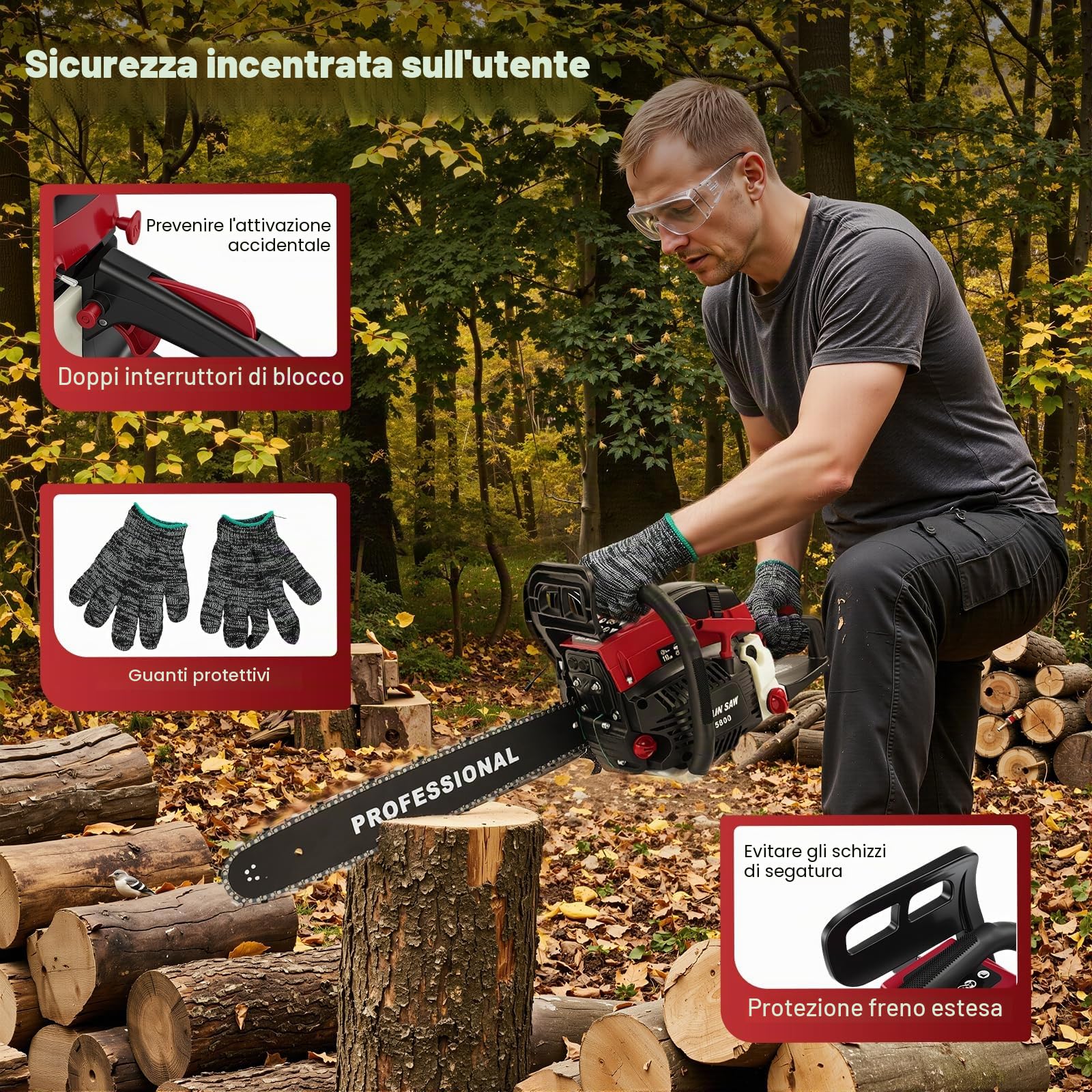 Sega a catena a benzina da 58 cc, pratica sega per legno per uso in giardino e lavori di costruzione, motosega 4,5 CV 2400 W, lama per sega da 50 cm, con paramano, freno del sistema e kit utensili, 1