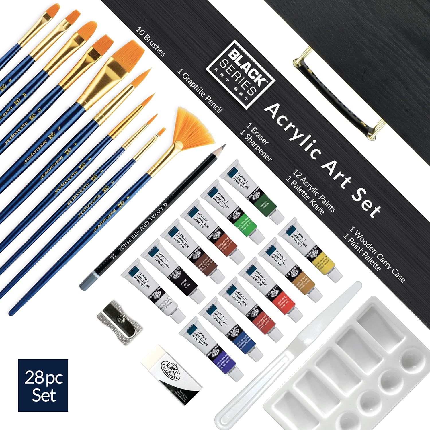 Royal & Langnickel Black Series Two-Tier Wooden Box Acrylic Artist Set, 28pc