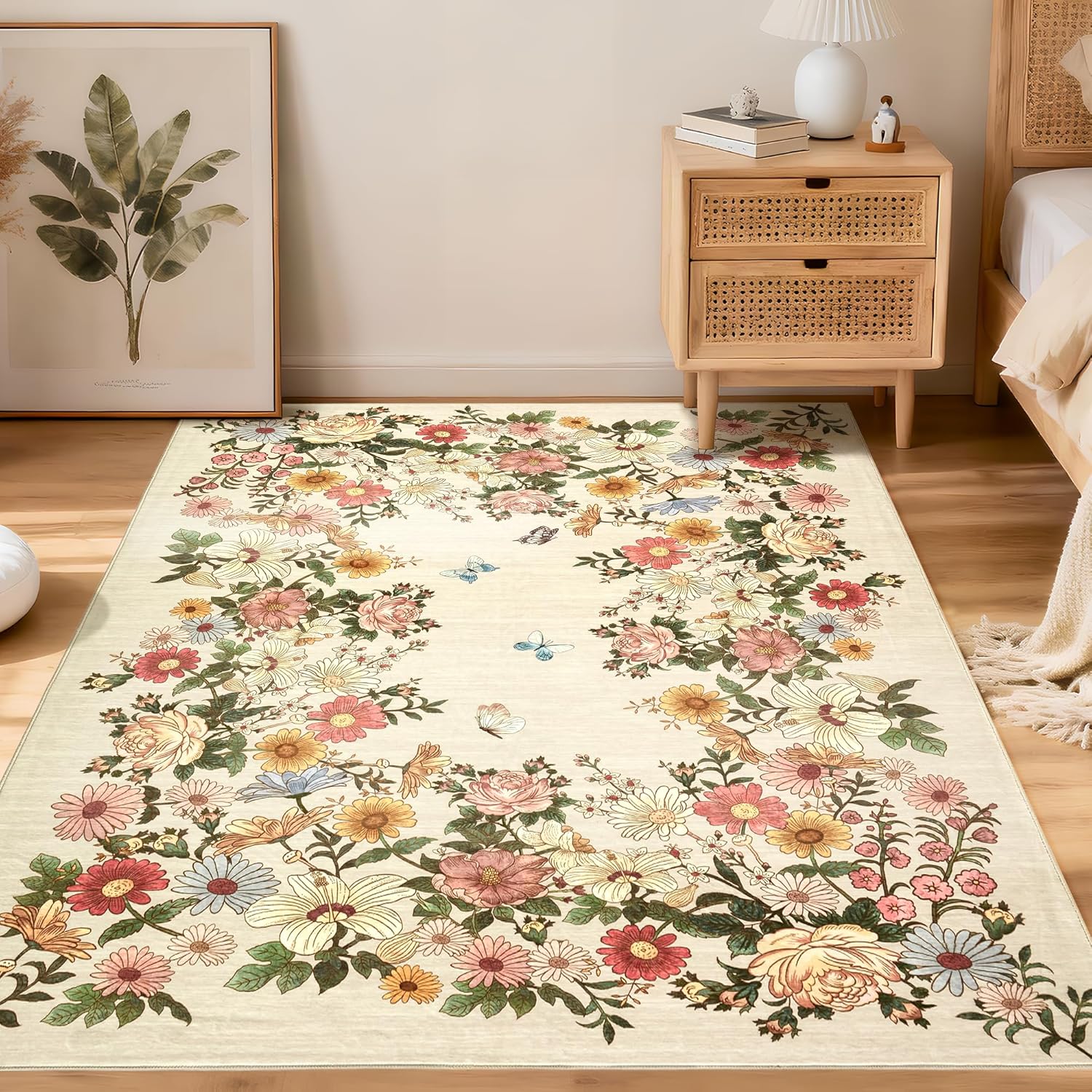 Garvee Rugs for Living Room 5x7, Washable Floral Area Rug Non Slip Soft, Low Pile Ultra-Thin Carpet for Bedroom, Kitchen, Dorm Room, Beige