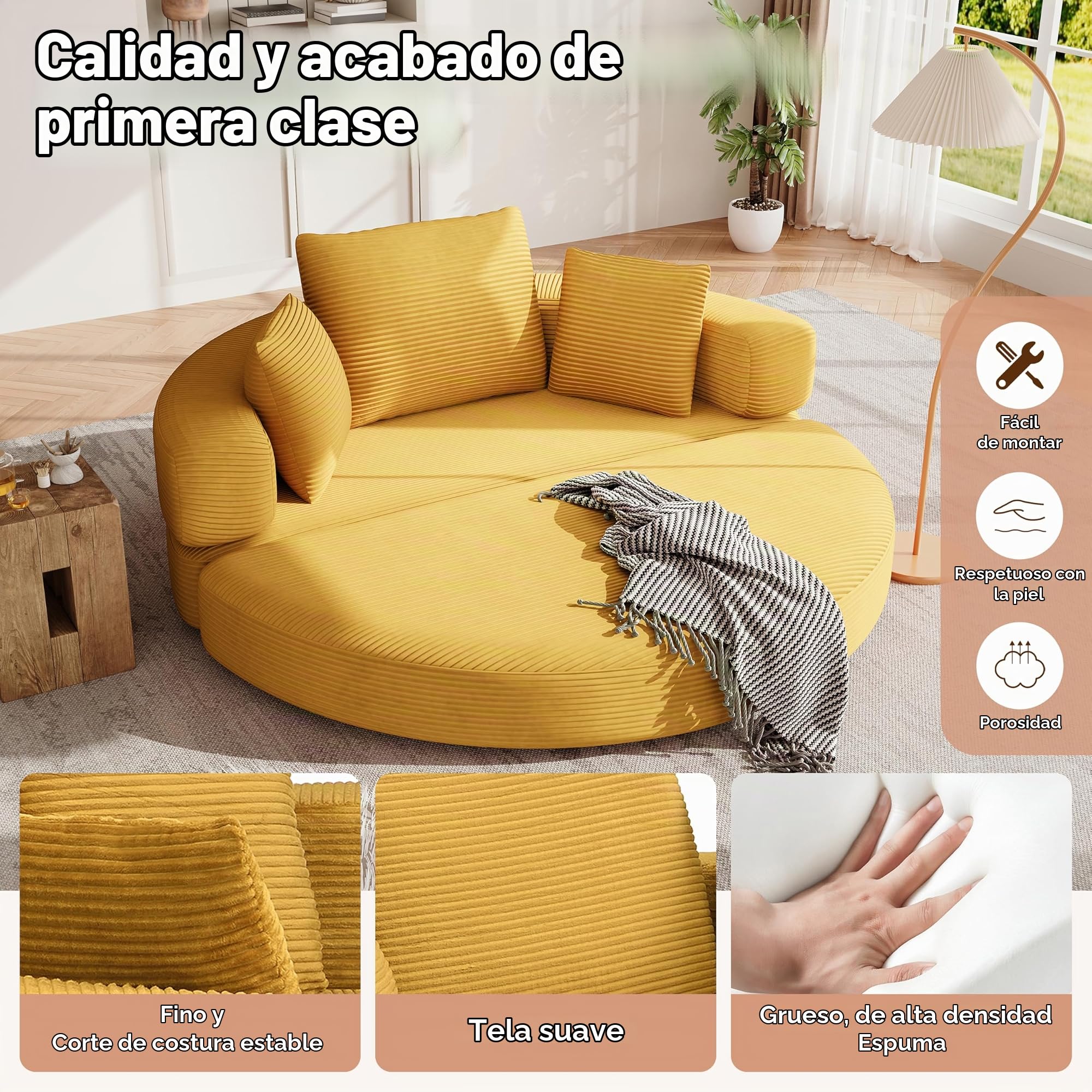 Sofá cama plegable multifuncional (Boneless Sofá) – Cama ovalada con cojines, sofá modular, funda de pana (173 x 176 cm), adecuado para apartamentos, salones, dormitorios (amarillo)