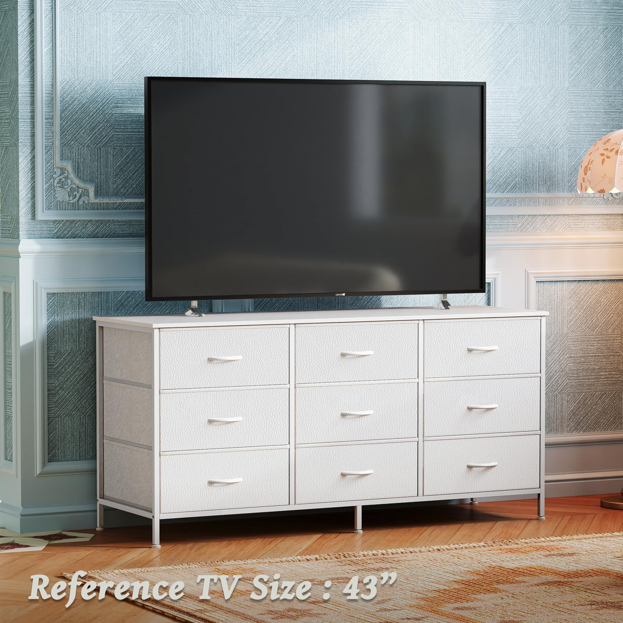 Huuger 9 Drawer Dresser, 47 Inch TV Stand for 50, 55 Inch TV, Entertainment Center with Drawers, Fabric Dresser Chest of Drawer for Bedroom, Closet, PU Leather Surface, White : Home & Kitchen