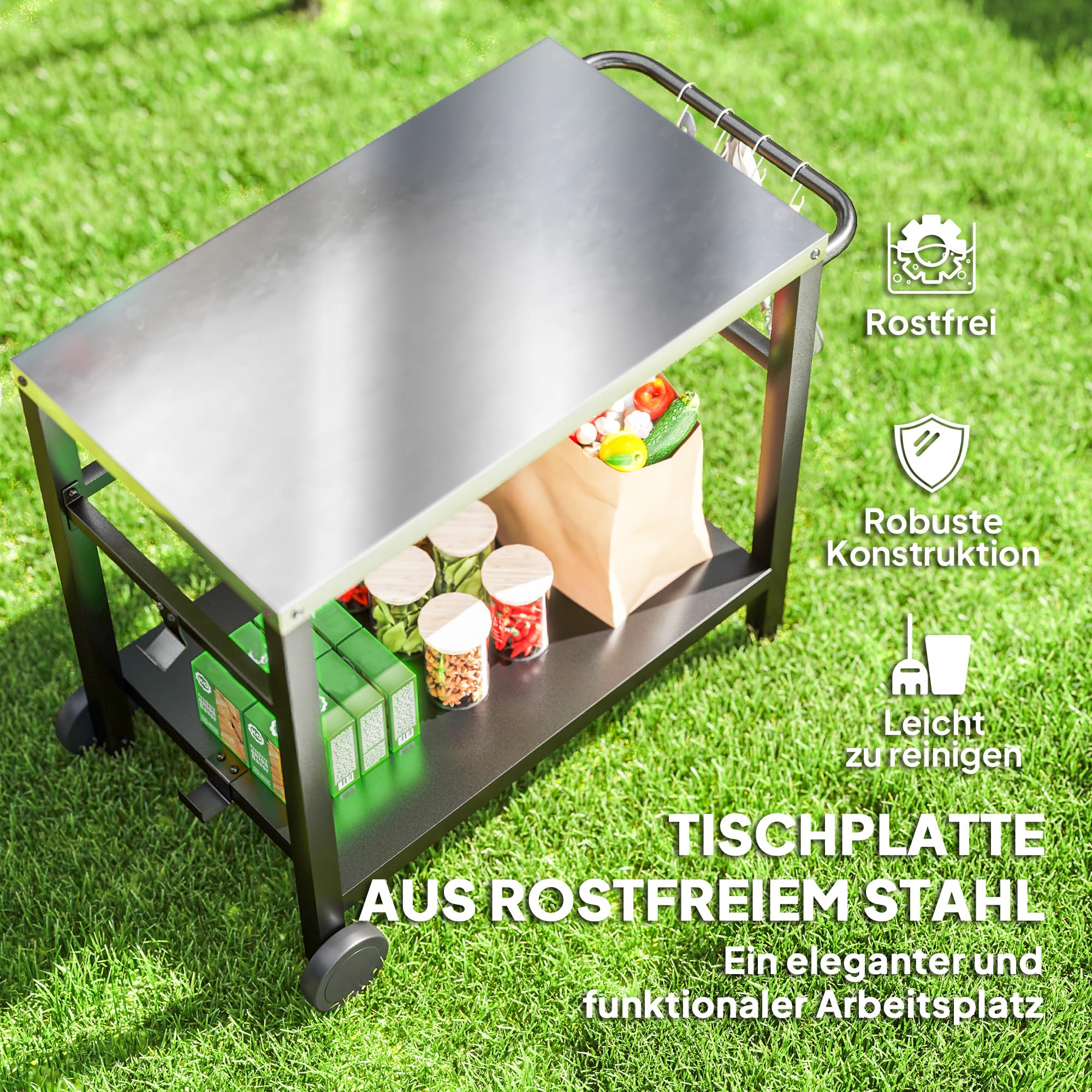 Outsunny Grillwagen 2-Etagen Servierwagen mit Arbeitsfläche Ablagen Haken Räder, BBQ Grilltisch aus Edelstahl, Grill Beistelltisch, Outdoor Rollwagen für Garten, Terrasse, Grill, 102 x 56 x 81cm