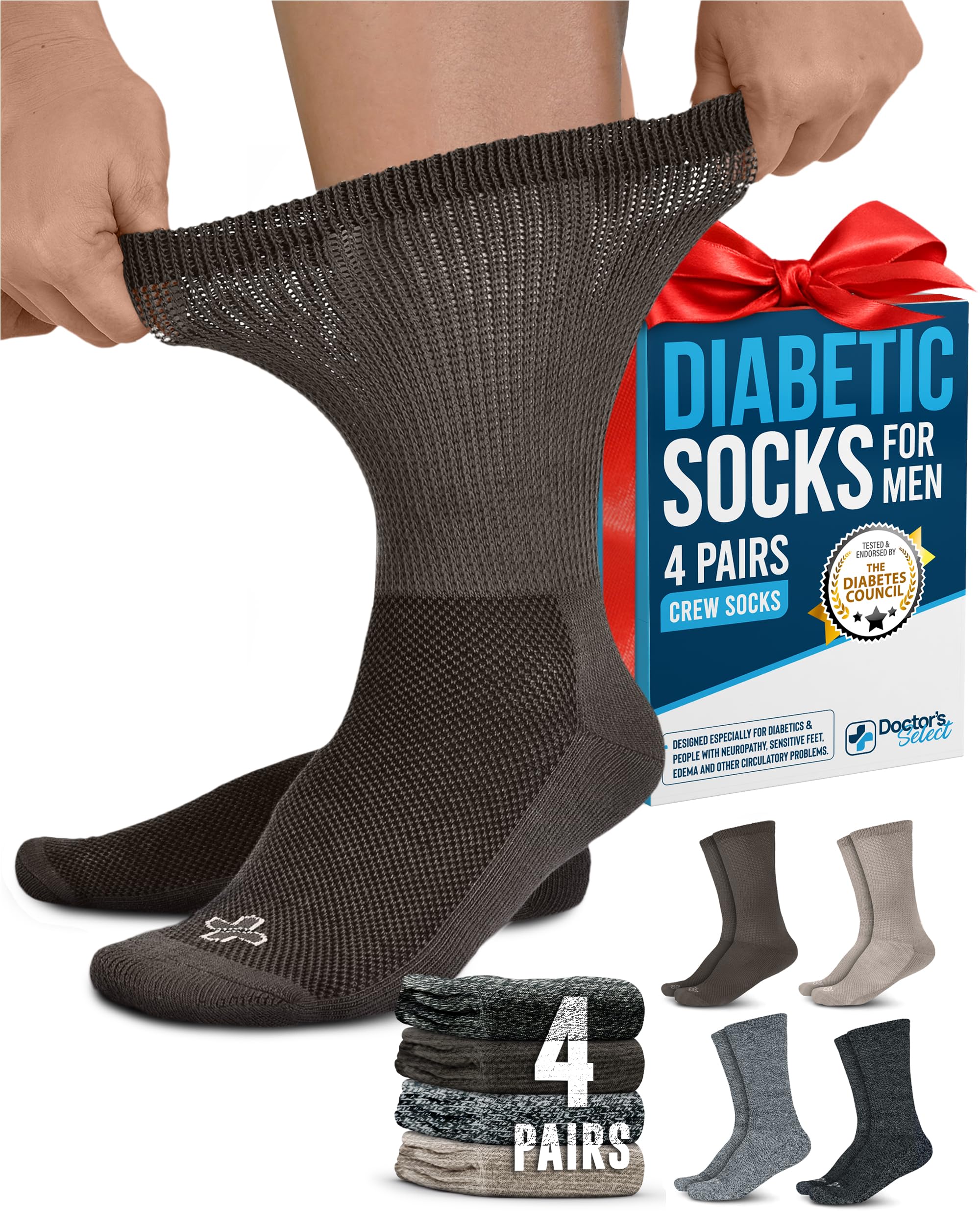 Doctor's Select Diabetic Socks for Men - 4 Pairs Crew Diabetic Neuropathy Socks for Men | Diabetic Socks for Men 9-12