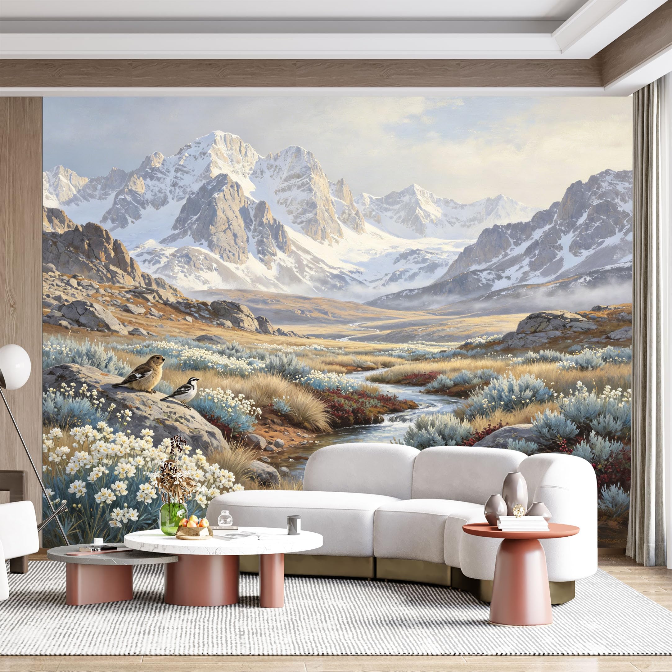 Custom Size Wall Mural Snowy Mountain Landscape with Birds and Stream Oil Painting SelfAdhesive Wall Fabric Removable for Home Office Decor