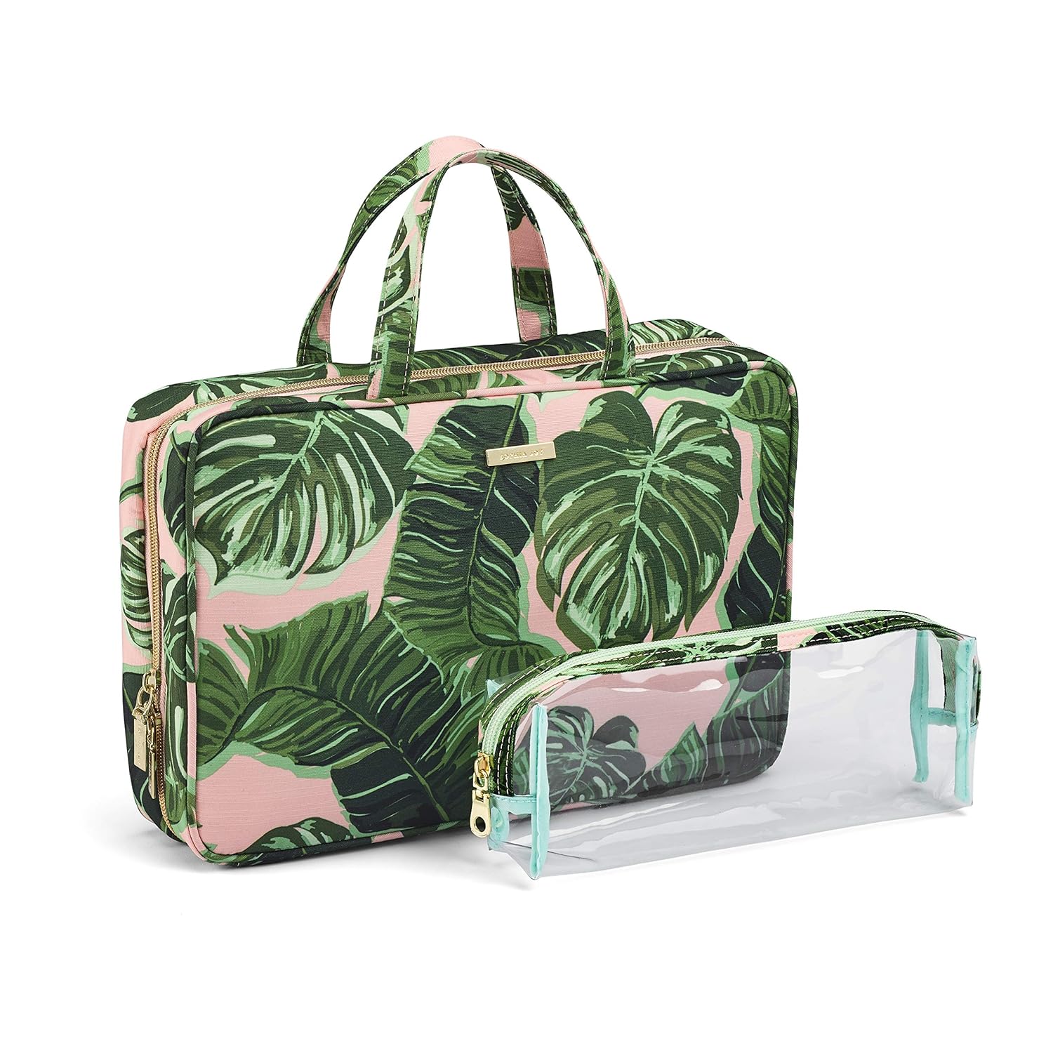 Sophia Joy 2-Piece Weekender Set Includes Full-Zip Tote in Tropical Pink and Green Fashion Pattern with Signature Gold Trim and Coordinating PVC Brush Pouch : Beauty & Personal Care