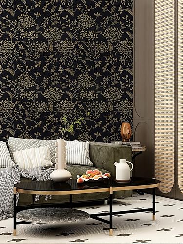 Miniatura 7 de Fiula Papel tapiz dorado y negro, papel tapiz negro dorado con hojas delicadas para despegar y pegar, papel tapiz de 17.3 x 78.7 pulgadas, papel