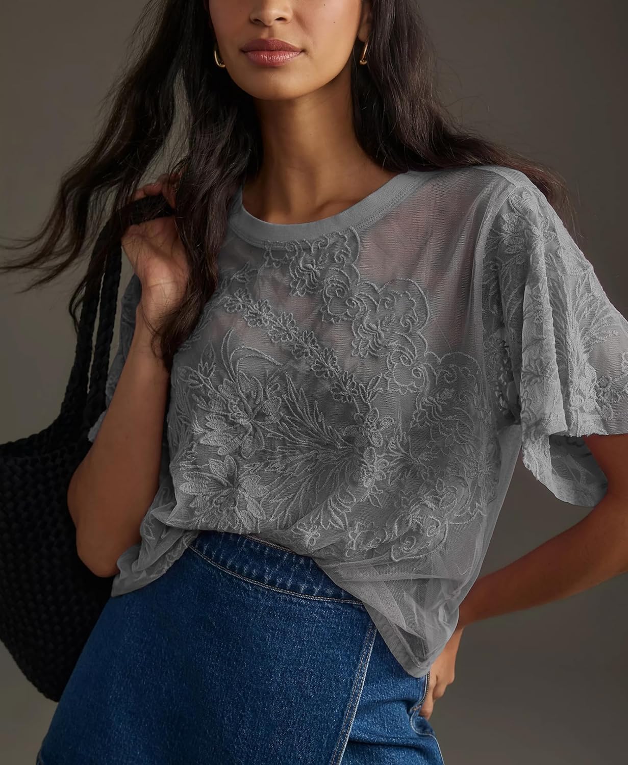 Aimiray Women's Sexy Lace Tops Short Sleeve Round Neck Mesh 3D Printed Floral Sheer Blouse See Through Layering Shirt Tops - Image 3