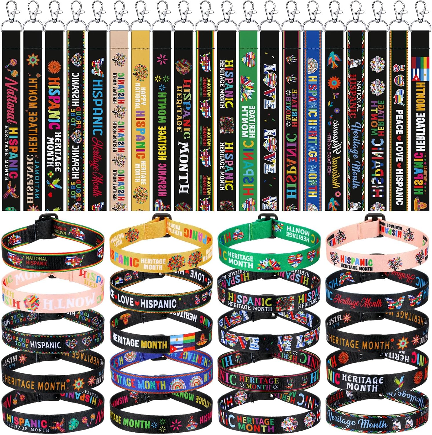 Ecally 200 pcs Hispanic Heritage Month Party Favors Wristbands Keychains and Adjustable Bracelets Gifts Bulk Wristbands Key Chain Gifts Heart Mouth Map Bracelets Key Rings