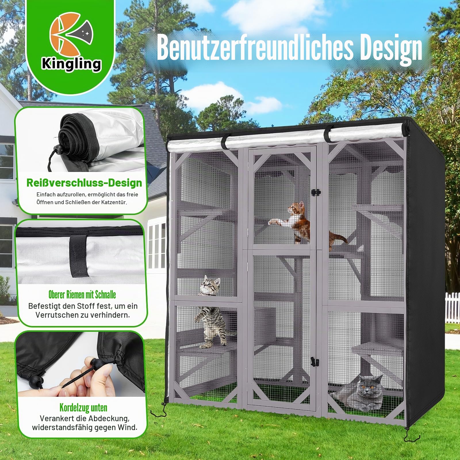 Kingling Katzenhausabdeckung für große Catio, universelle Catio-Abdeckung, wasserdicht und staubdicht, Haustiergehege, Abdeckungen für Katzenhäuser und Höhlen (162 x 83 x 180 cm)