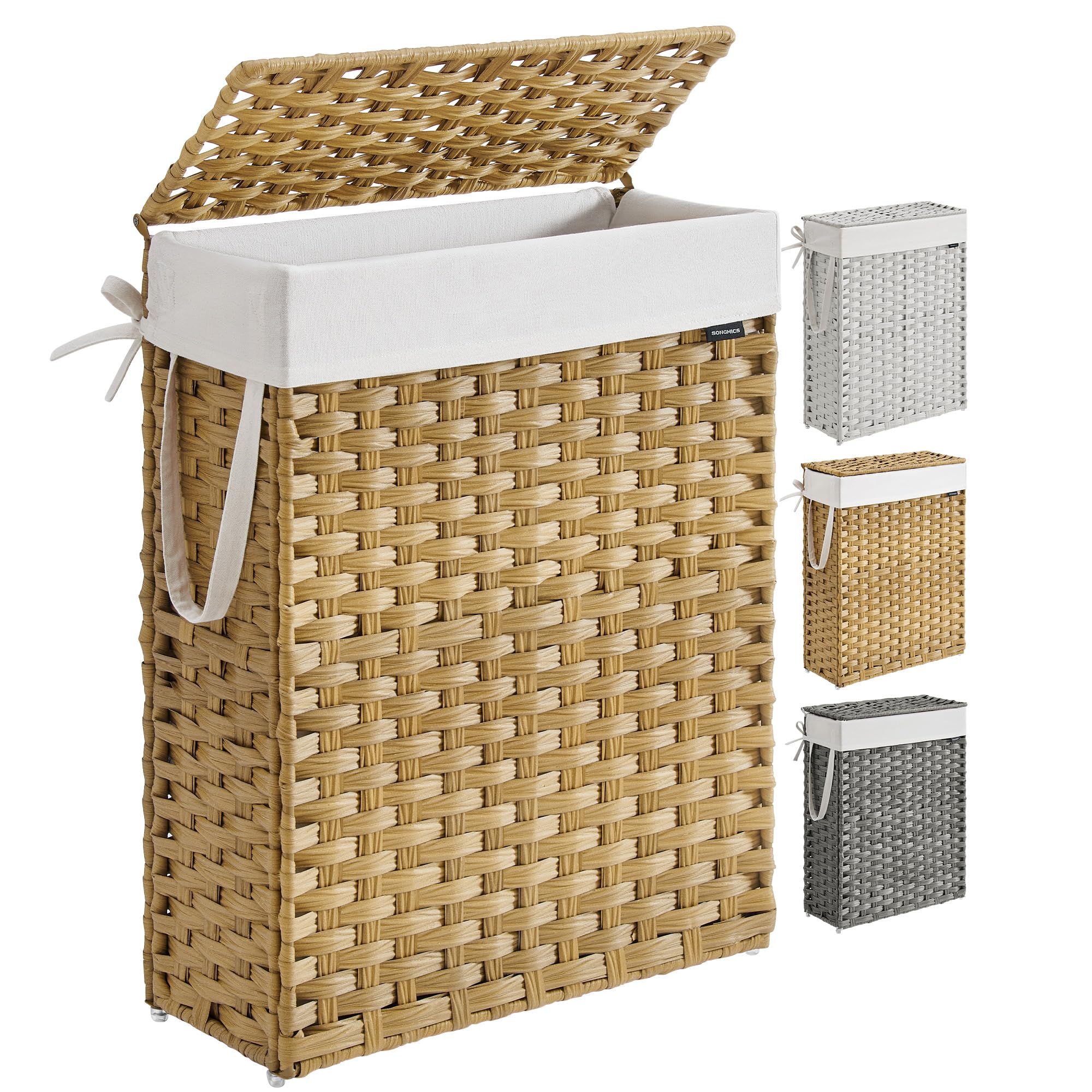 SONGMICS Slim Laundry Hamper with Lid, 14.5 Gallon (55L) Rattan Clothes Laundry Basket with Lid and Handles, Foldable, Removable Liner, Goose Yellow ULCB164N01