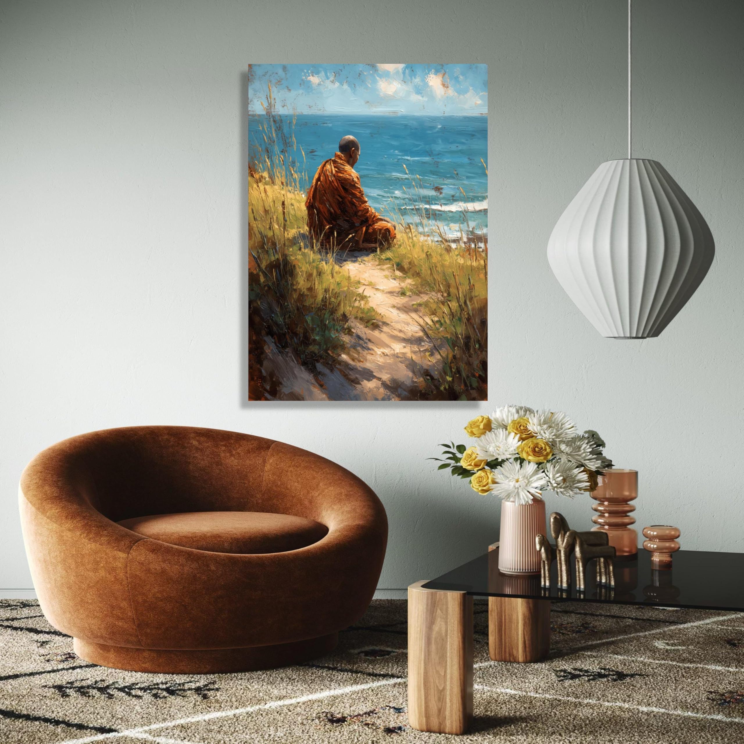 YUSUZHU Stampa su tela Monaco meditativo di Ocean, paesaggio marino, dipinto sulla natura spirituale, poster costieri, decorazione per la casa (60x90 cm/cornice interna)