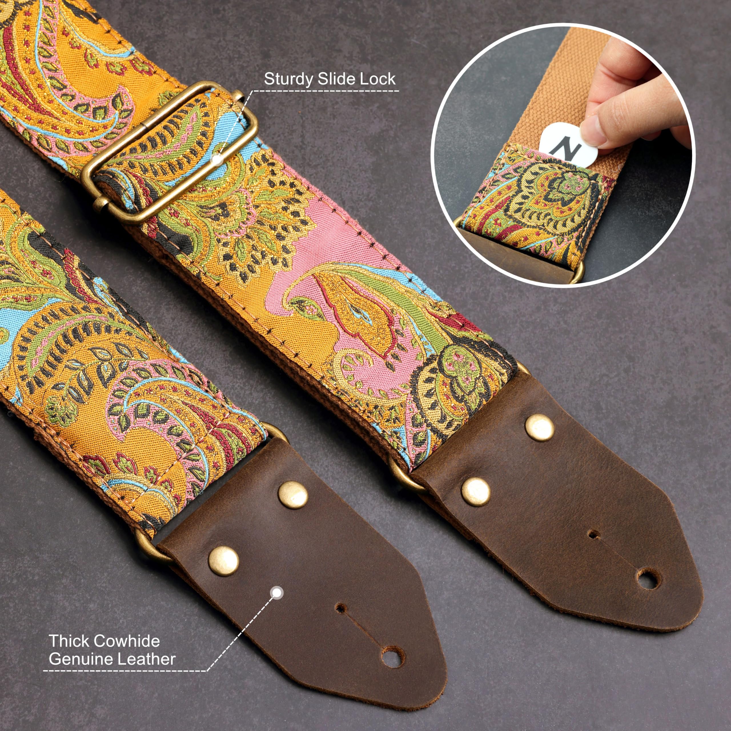 Nefelibata Guitar Strap,Crazy Horse Leather Jacquard Embroidery Cotton Guitar Straps for Bass Electric & Acoustic - Image 3