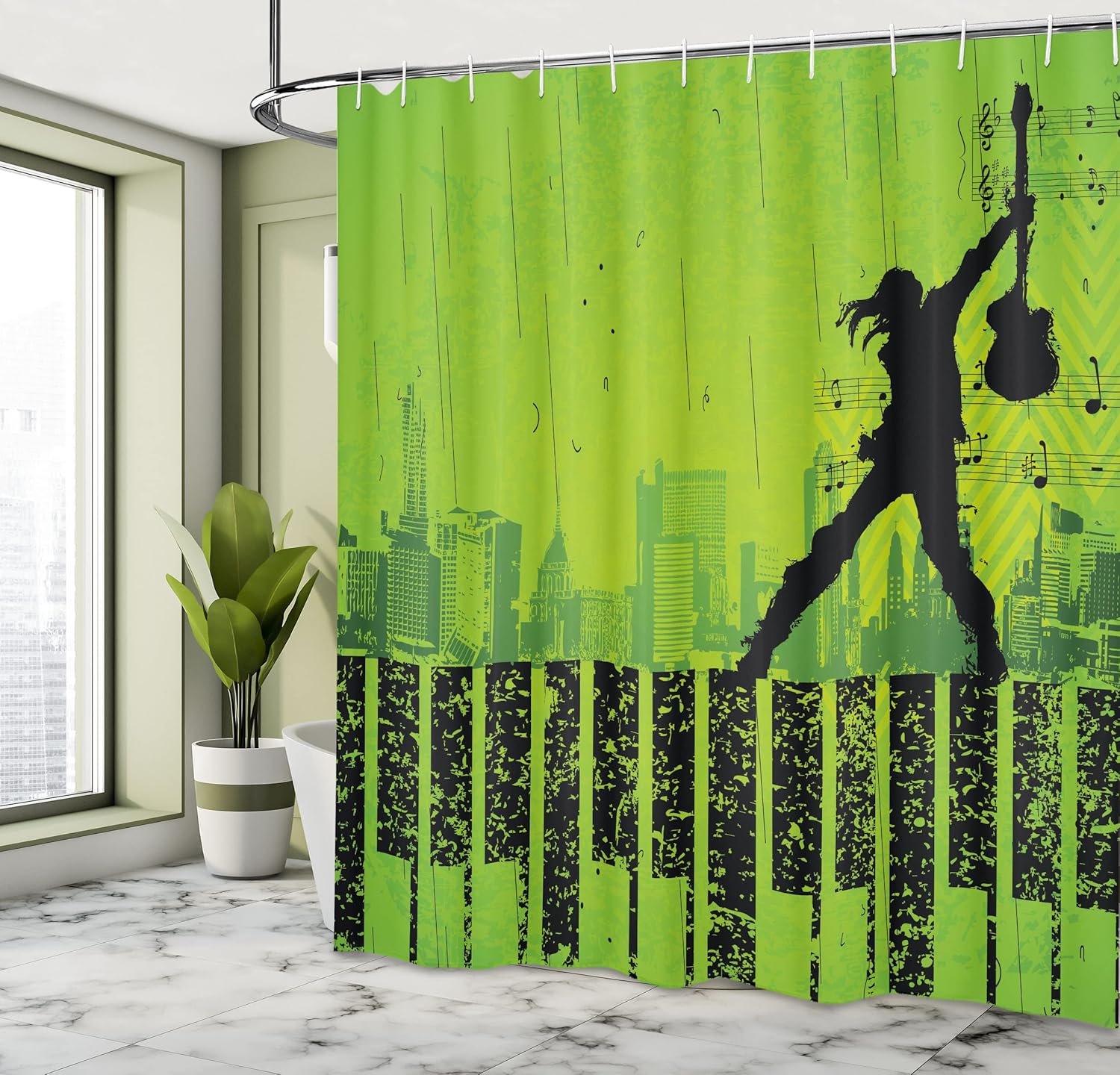 Ambesonne Popstar Party Shower Curtain, Music in The City Theme Singer with Electric Guitar on Grunge Backdrop, Cloth Fabric Bathroom Decor Set with Hooks, 69" W x 70" L, Green Black
