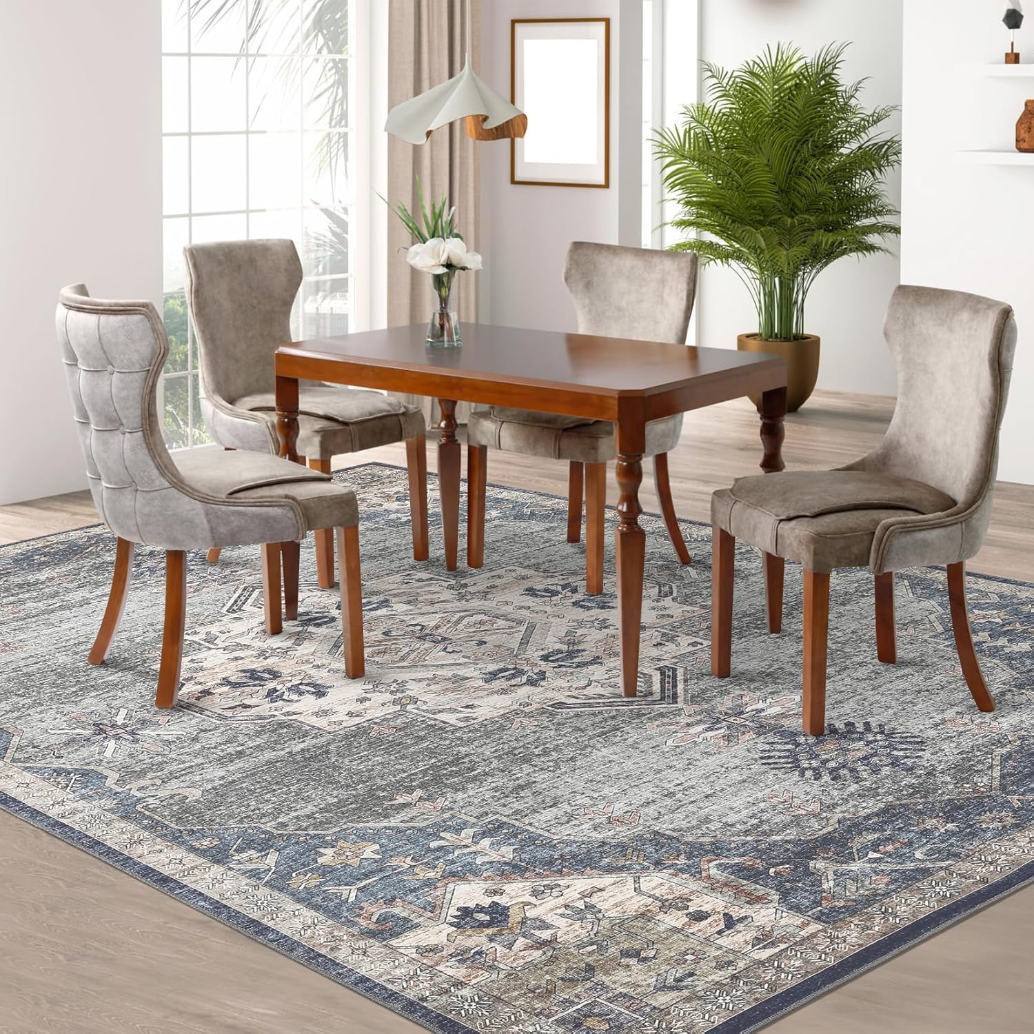 GarveeHome Large Area Rug 9x12 Vintage Medallion Washable Non Slip Low Pile Thin Accent Throw Rug for Living Room, Bedroom, Office - Grey/Blue/Green