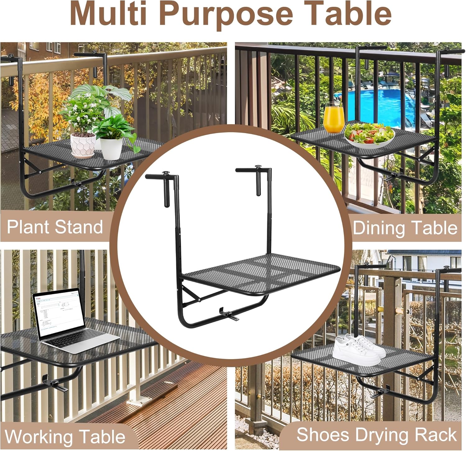 Outdoor Folding Hanging Table ，4 Storey Height Adjustable,Folding Armrest Table,Easy to Install，Suitable for Balcony Deck Outdoor Garden Terrace