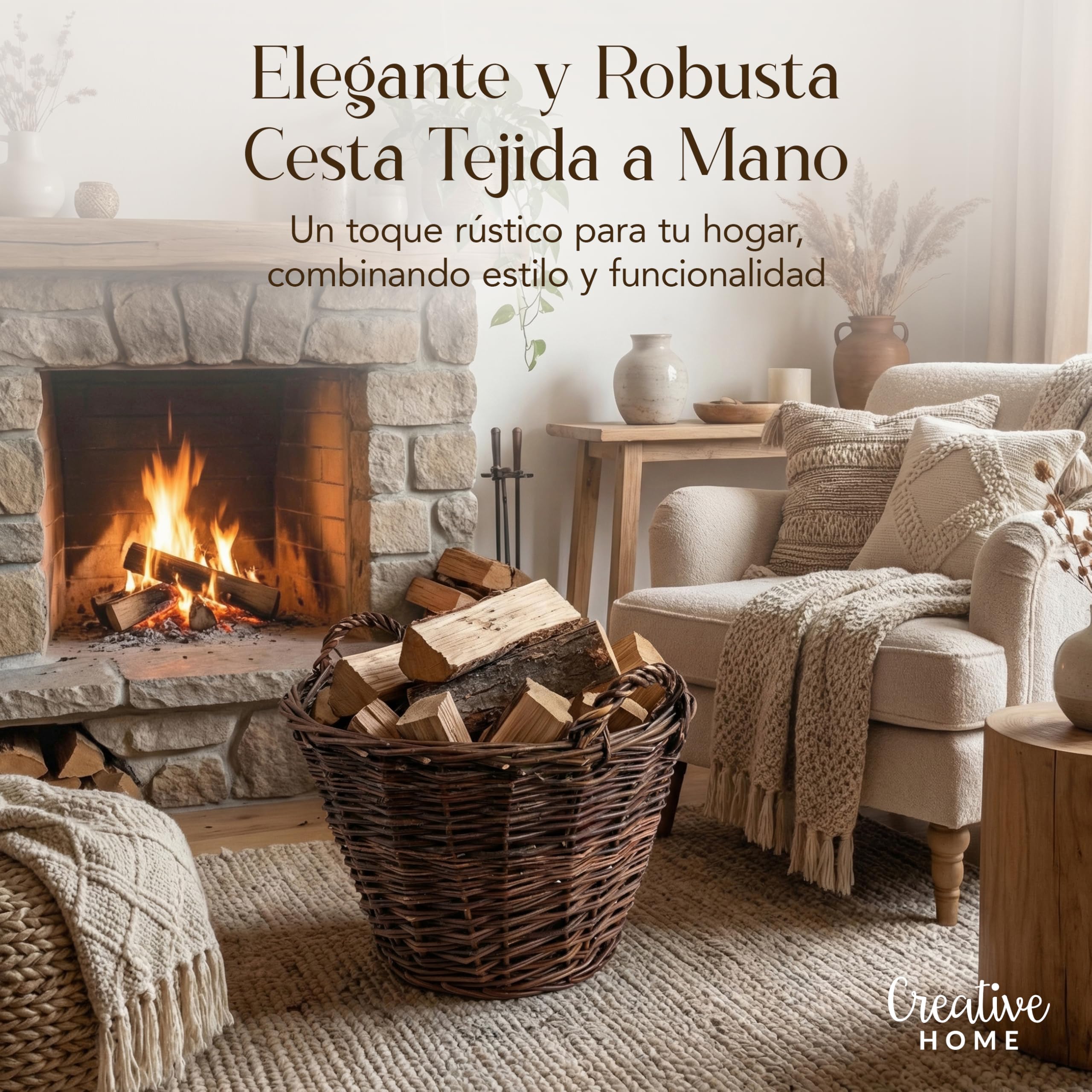 Creative Home Cesta de Mimbre con Asas | Grande 47x33x39cm (+/- 1cm) | Tejida a Mano Duradera | Cesta de Leña Patatas Frutas Setas Juguetes Ropa Sucia Jardín | Sauce Grueso Marrón Natural | Multiuso