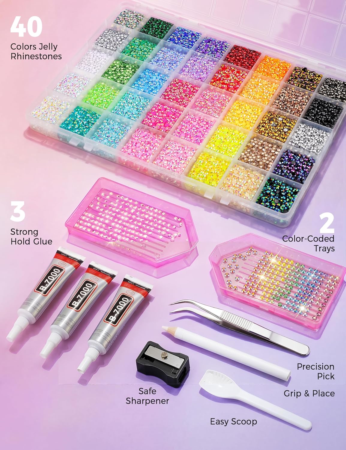 Upgraded 40 Colors Bedazzling Kit, Jelly Resin Flatback Rhinestones with B7000 Glue, Pen, Tweezers, Trays & Storage Box for Adult Nail Art, DIY Crafts, Tumblers, Shoes & Clothes thumbnail