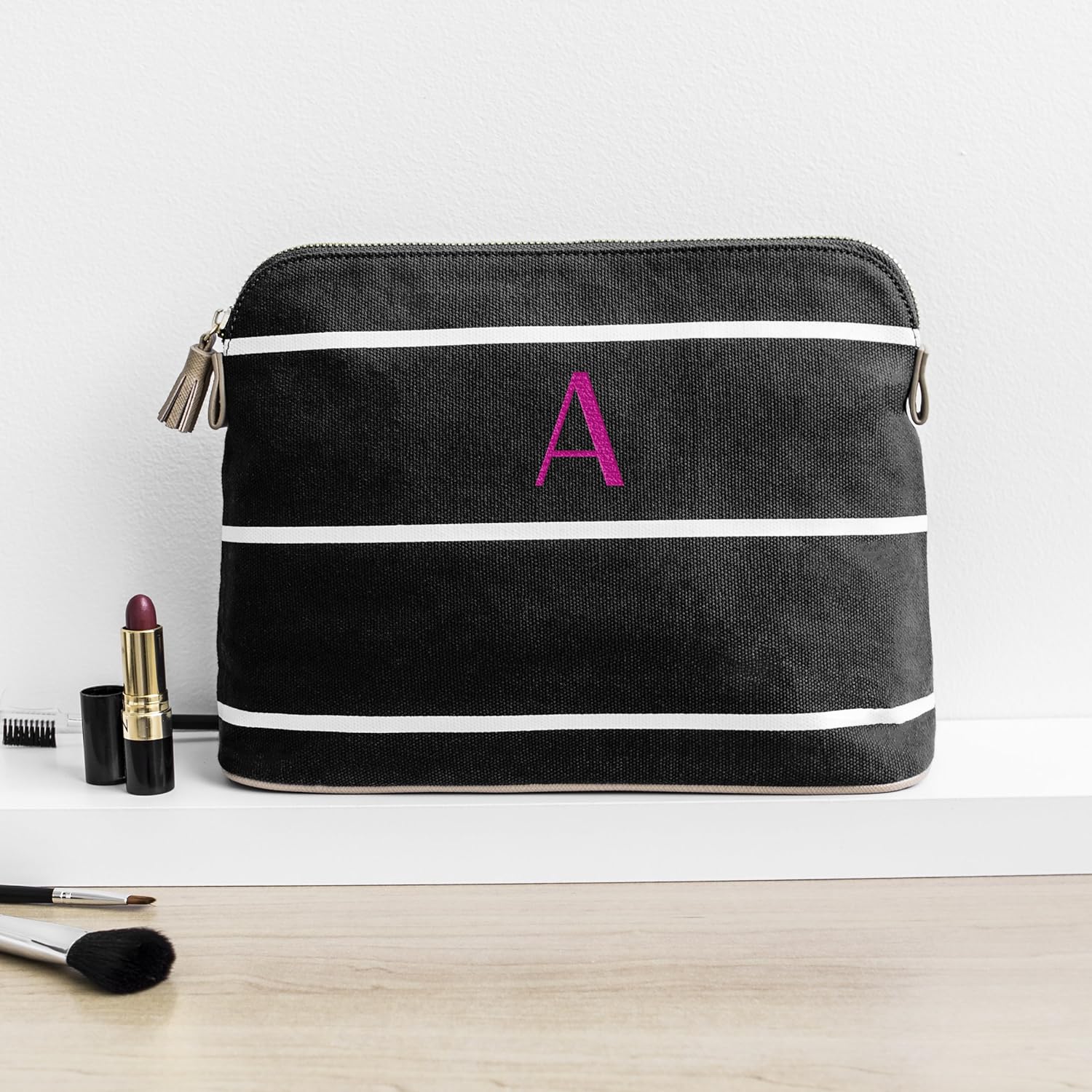 Promo Discount Up To 70% Off Cathy's Concepts Personalized Striped Cosmetic Bag, Black, Letter A