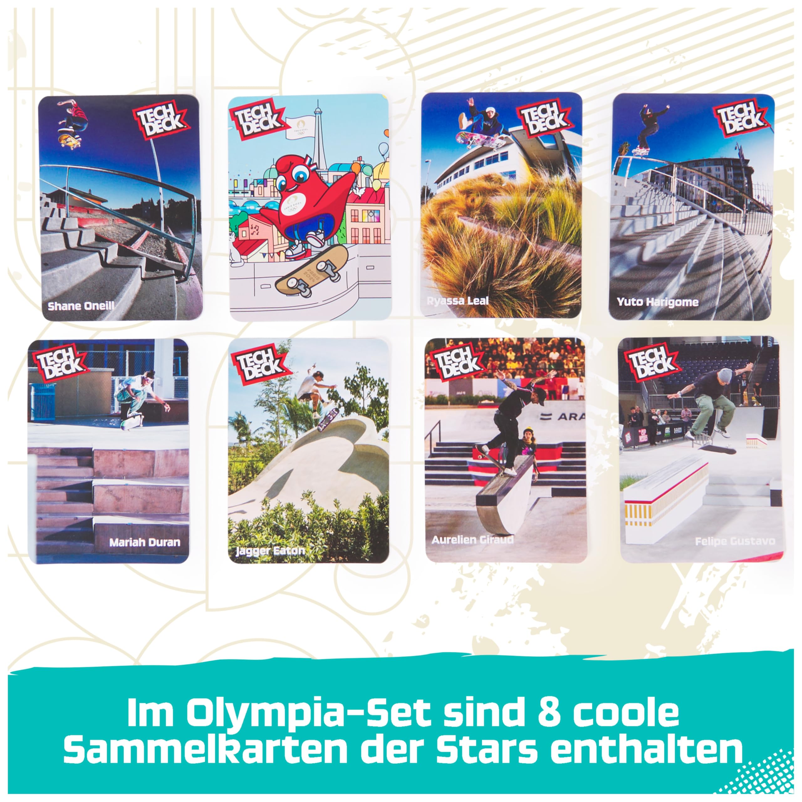 Tech Deck Competition Legends 8-Pack, Set mit 8 authentischen Fingerboards der olympischen Skate-Athleten in Paris 2024, 8 individuelle Board-Halter, 8 Athleten-Karten, ab 6 Jahren