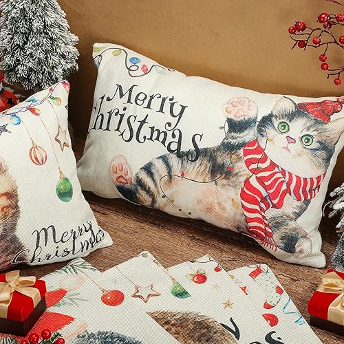 Miniatura 3 de 6 fundas de almohada de Feliz Navidad de 12 x 20 pulgadas, fundas decorativas de casa de campo de gato, fundas de almohada decorativas de invierno