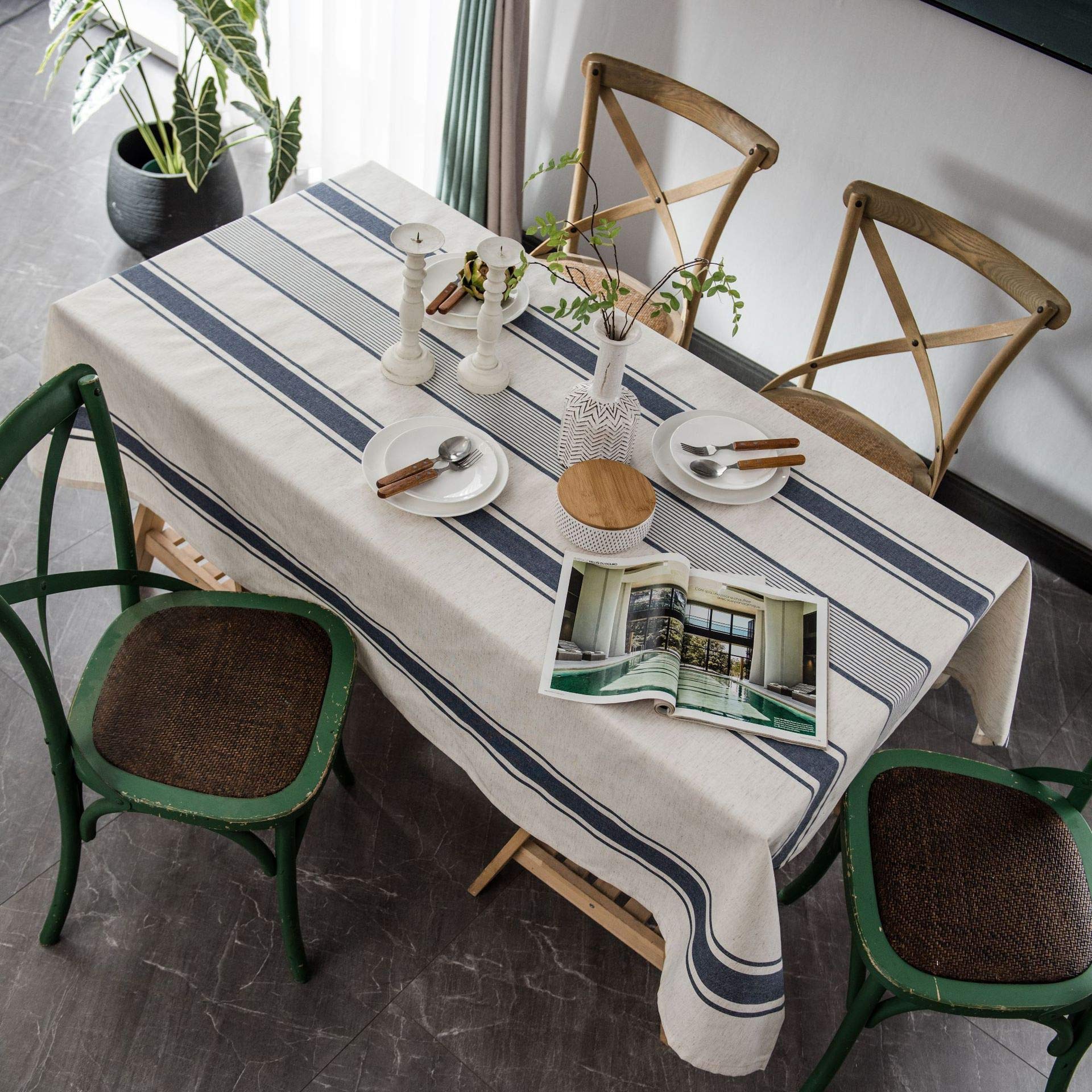 Plancholo Navy Blue Stripe Tablecloth Cotton Linen Fabric Dust-Proof Farmhouse Table Cover For Kitchen Dining Party (Rectangle/Oblong, 59 X 118 Inch, )