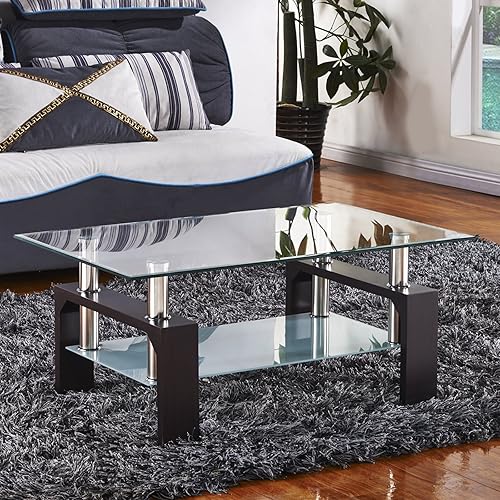 Miniatura 7 de Mecor Mesa de centro rectangular con parte superior de cristal, mesa central moderna con estante y patas de madera, para sala de estar (nogal)