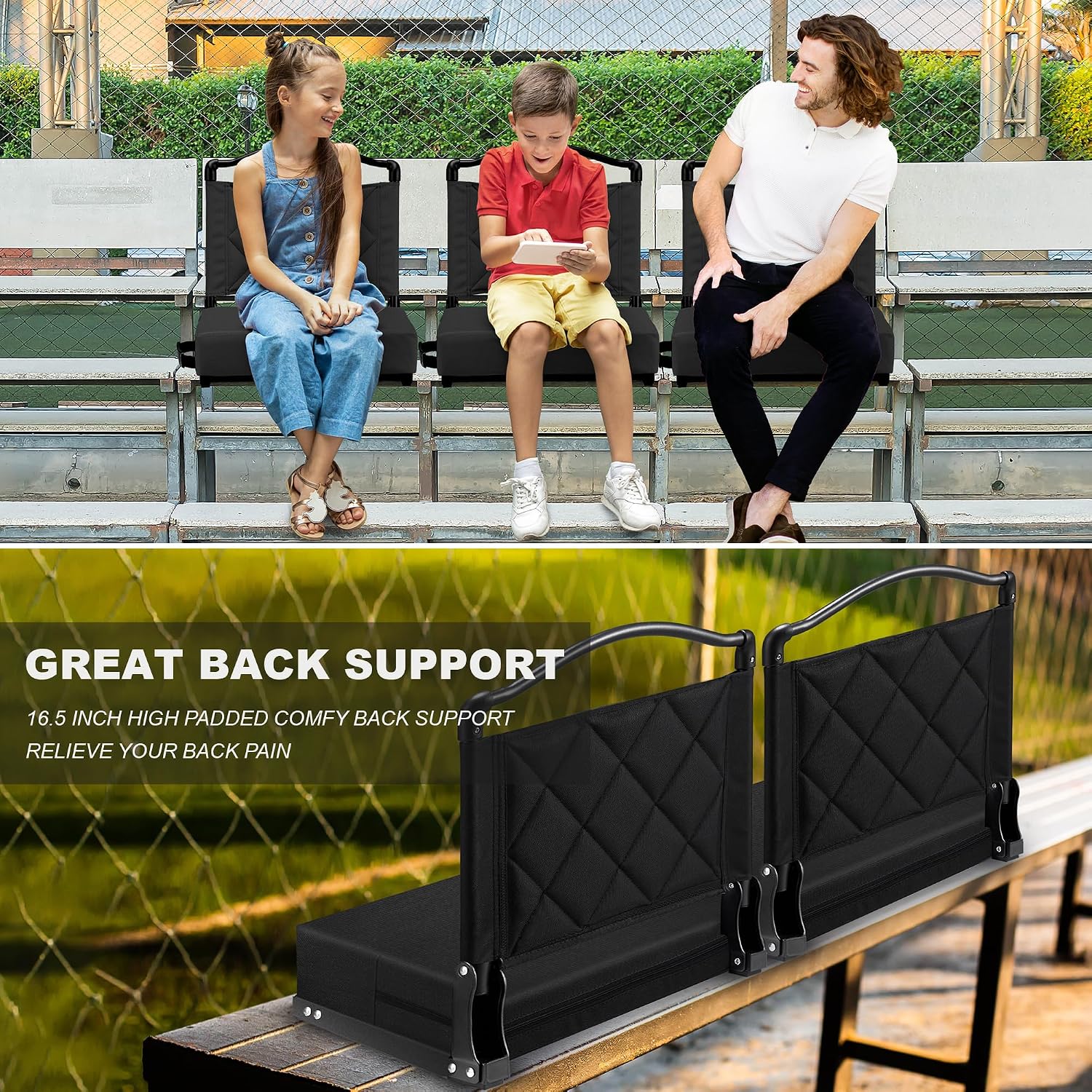 Stadium Seats with Back Support Cushion, Folding Stadium Seats for Bleachers Hold up 400lbs, Wide Bleacher Seat with Shoulder Strap & Handle Comfort for Sports Events (Black, 1pcs)