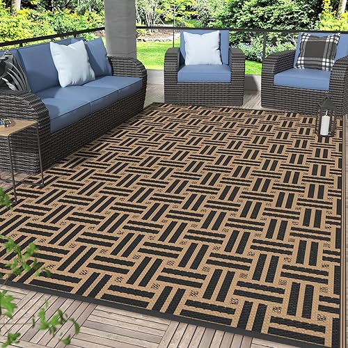 GENIMO Outdoor Rug for Patio Clearance, 6'x9' Reversible Geometric Plastic Straw Rugs, Lightweight Waterproof RV Camping Mat for Camper, Balcony, Deck, Backyard, Picnic, Black Brown