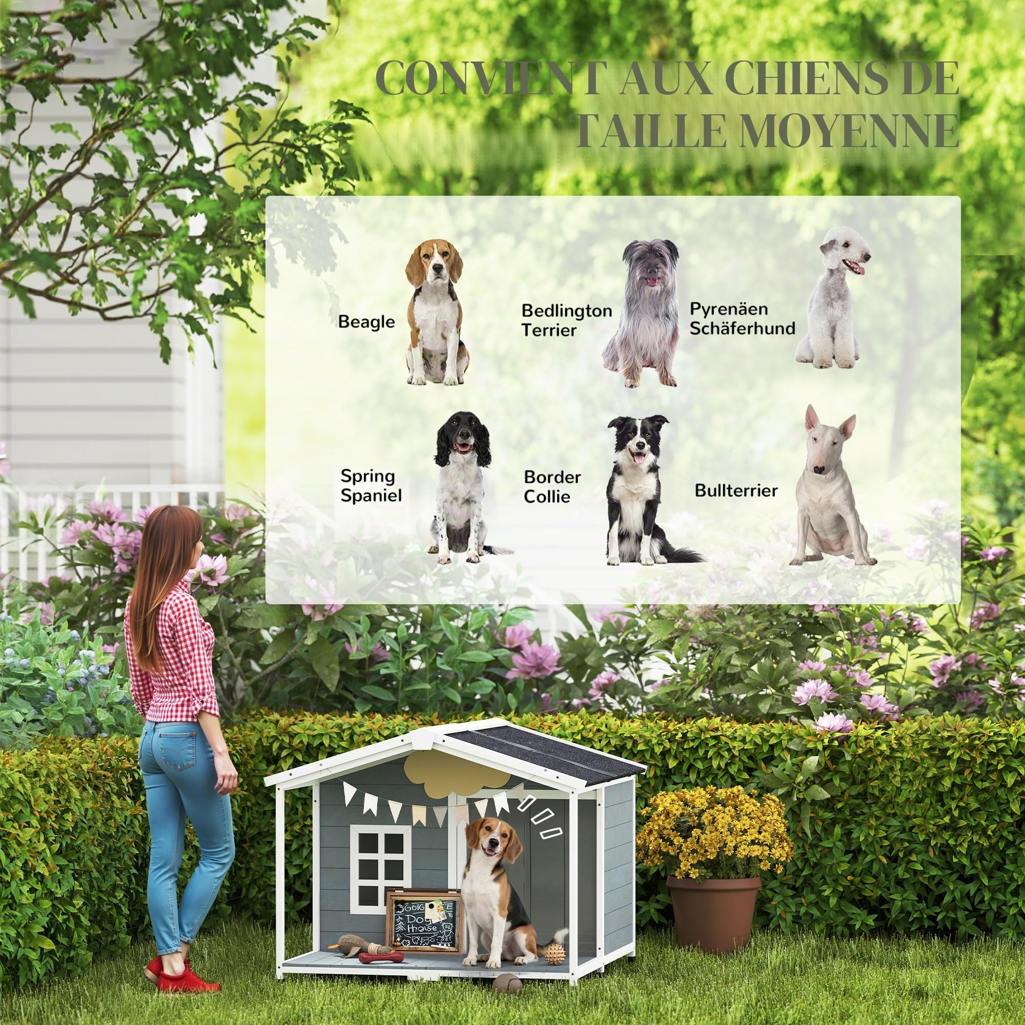 PawHut Maison en Bois imperméable pour Chien Gris 103x107x83.5cm | Chenil surélevé, toit en asphalte pliable, terrasse, fenêtre, cabane extérieure, pour chiens moyens jusqu'à 20 kg