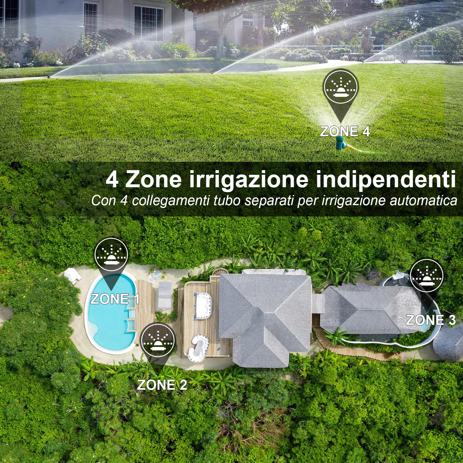 Centralina Irrigazione 4 Vie con Ingresso in Ottone, Grande Display LCD, Computer Giardino Irrigazione Timer, Timer Irrigazione Automatica con Ritardo Pioggia per Automatica e Manuale per Prato