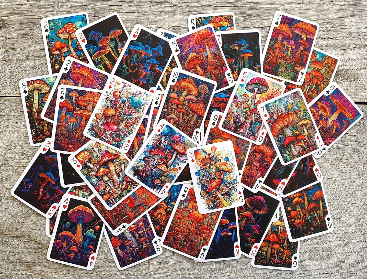 Funky Mushrooms Playing Cards (Poker Deck 54 Cards All Different) Psychedelic Glass Stained Art Bioluminescent Cool Mushrooms Vintage Illustration