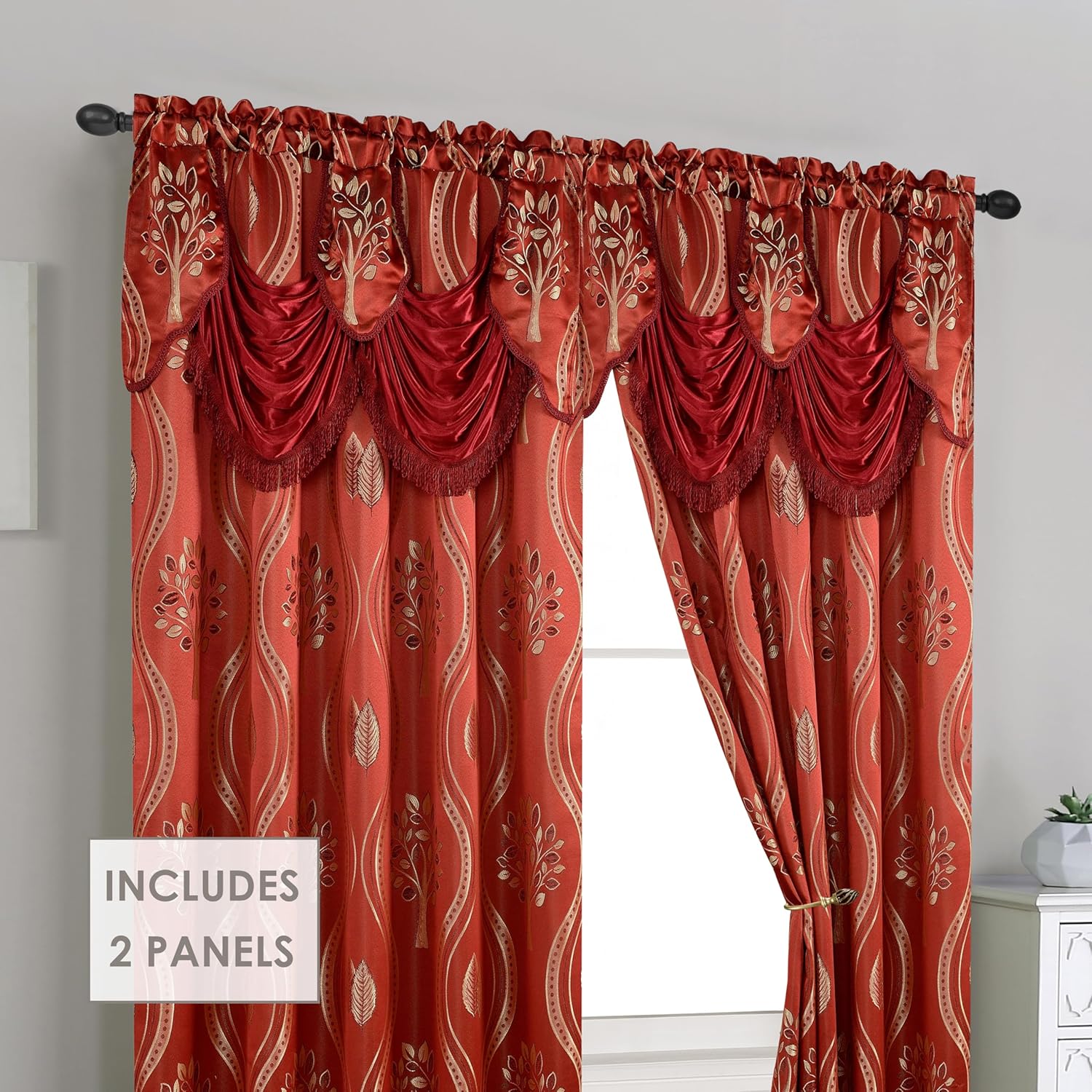 Elegant Comfort Luxurious Beautiful Curtain Panel Set with Attached Valance and Backing 54" X 84 inch (Set of 2), Burgundy