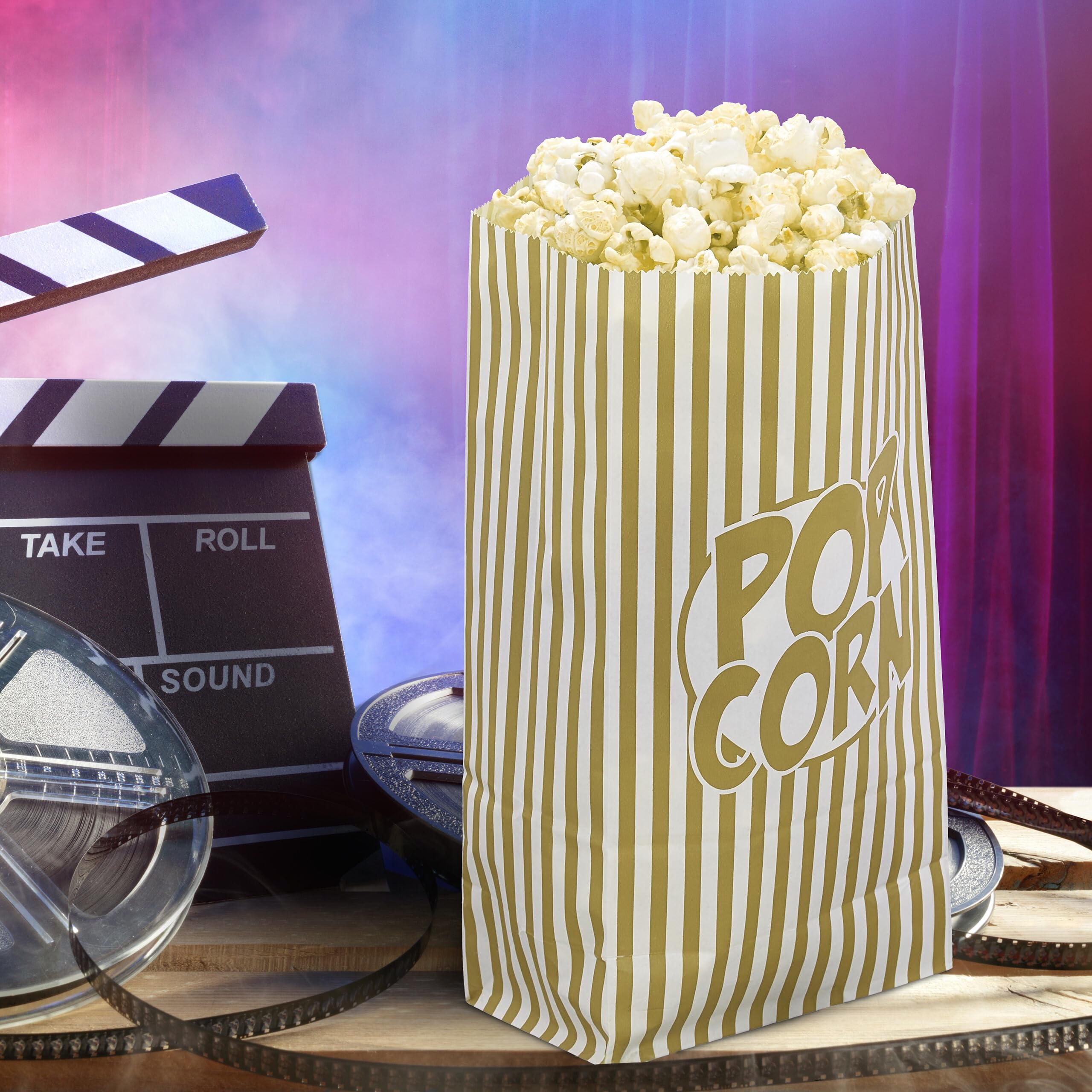 Relaxdays Torebki z popcornem, 144 szt., w paski, małe torby, na imprezę z papieru, w stylu retro, złoto-białe