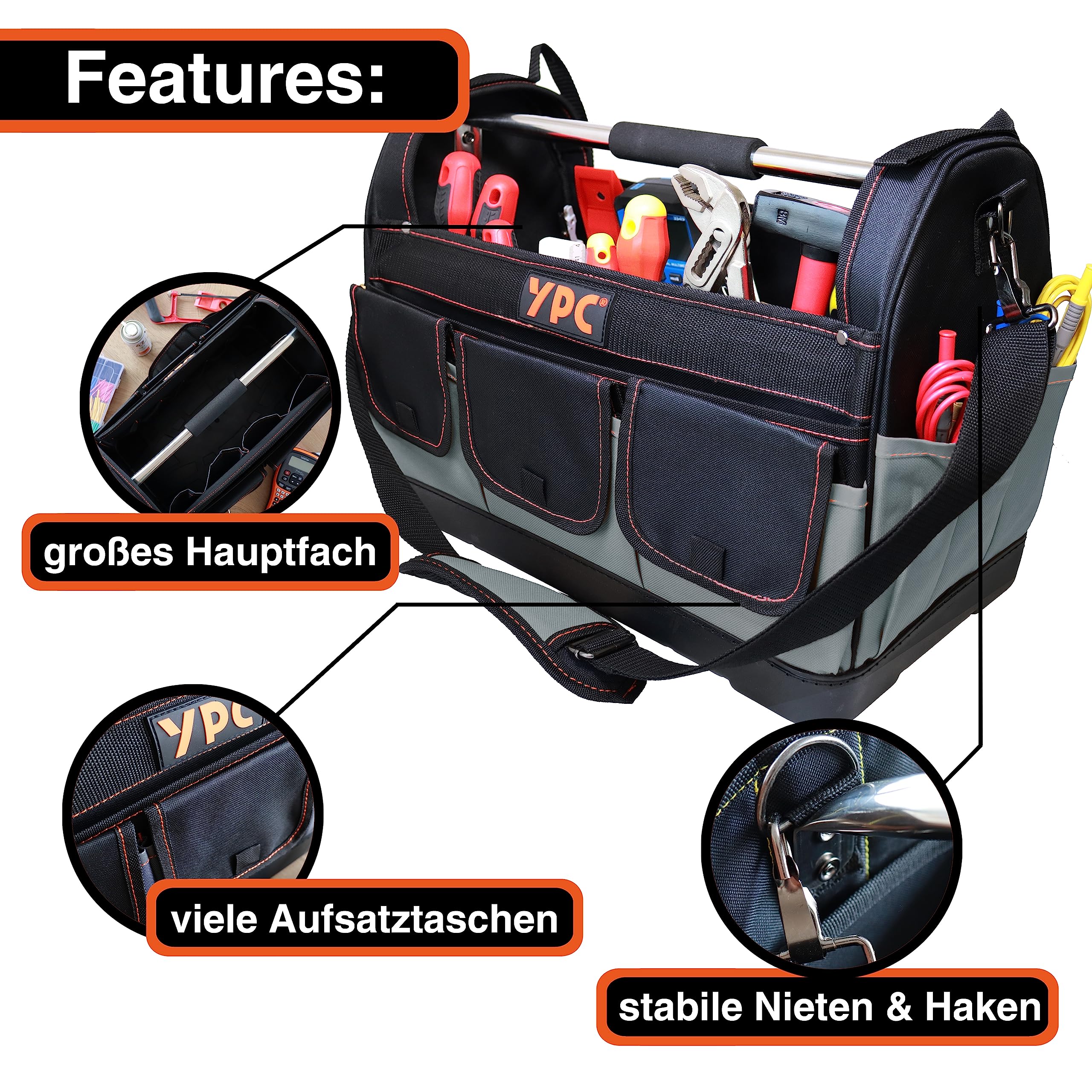 YPC Pioneer Werkzeugkorb XXL – Profi tragbare Werkzeugtasche mit stabilem Boden, Wasserfest, Reißfest, Schultergurt mit Polster & Metall-Handgriff, Grau-Schwarz, 45x35x23cm – 20 kg Tragkraft