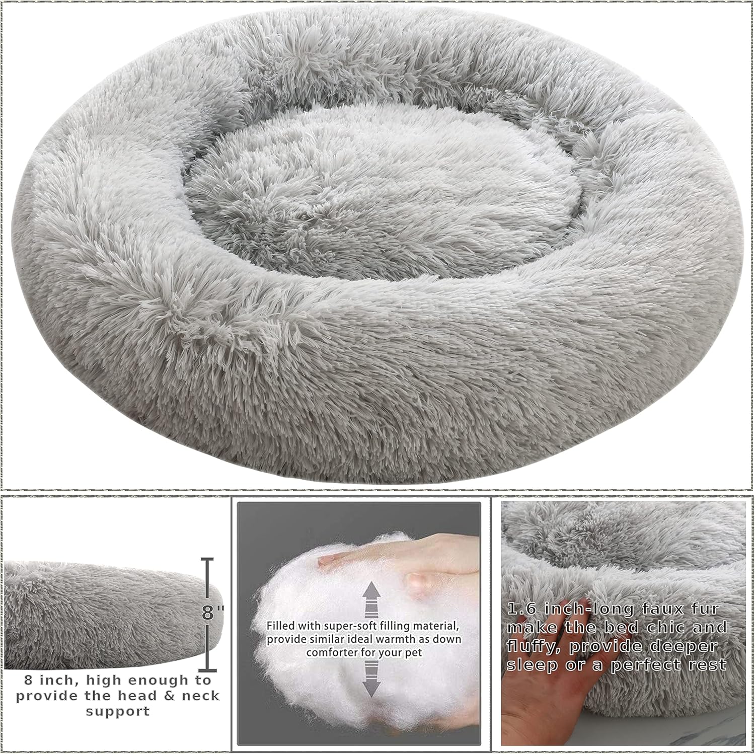 Calming Donut Dog Beds, 45 inches Round Cushion with Removable Washable Cover, Anti-Anxiety Faux Fur Cuddler, Fluffy Comfy Furry Pet Bed (Silver, 45")