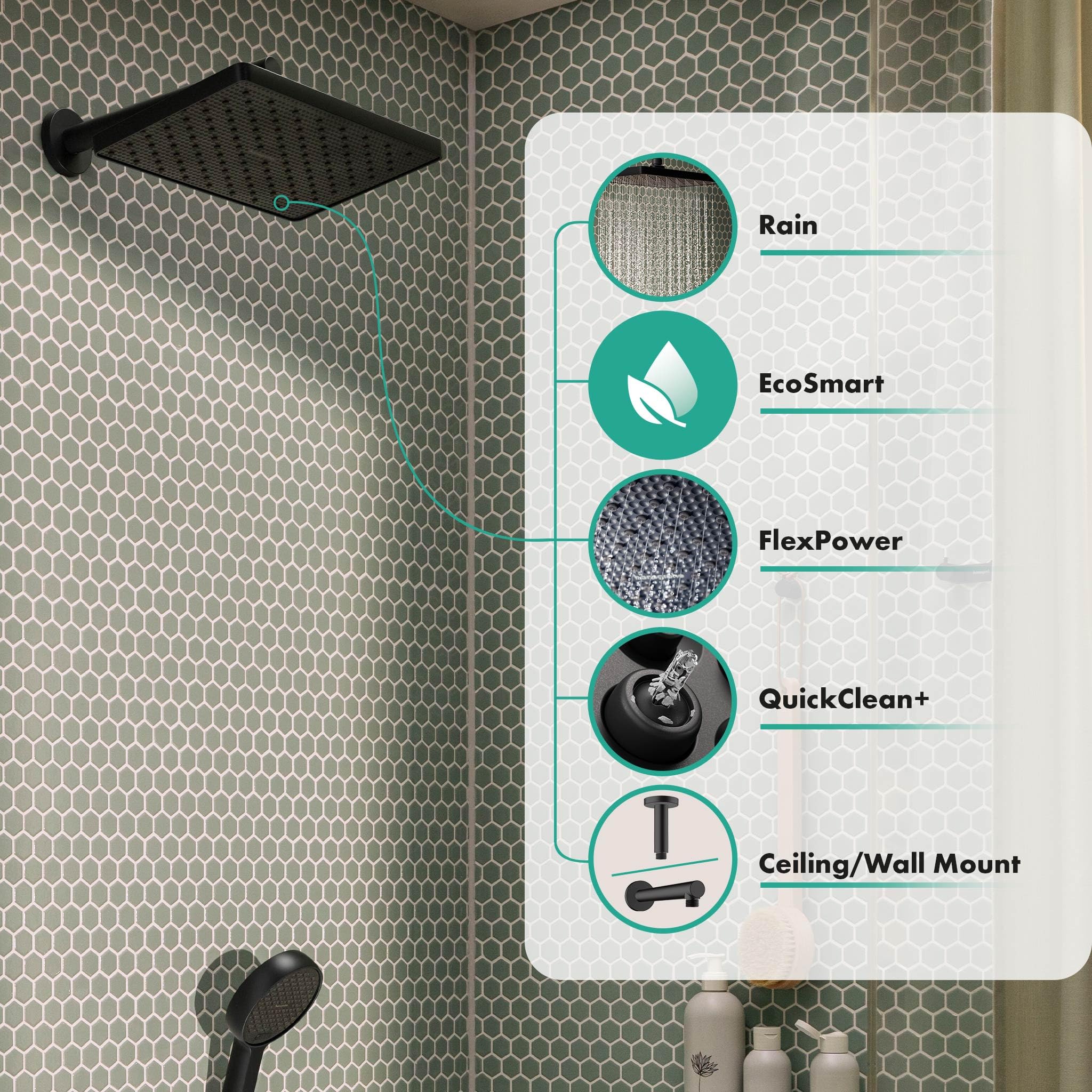 hansgrohe Activera Q - Soffione doccia a risparmio idrico (EcoSmart), Doccia a pioggia quadrato (290 x 180 mm) con 1 getto per montaggio a parete/soffitto, nero opaco, 28738670