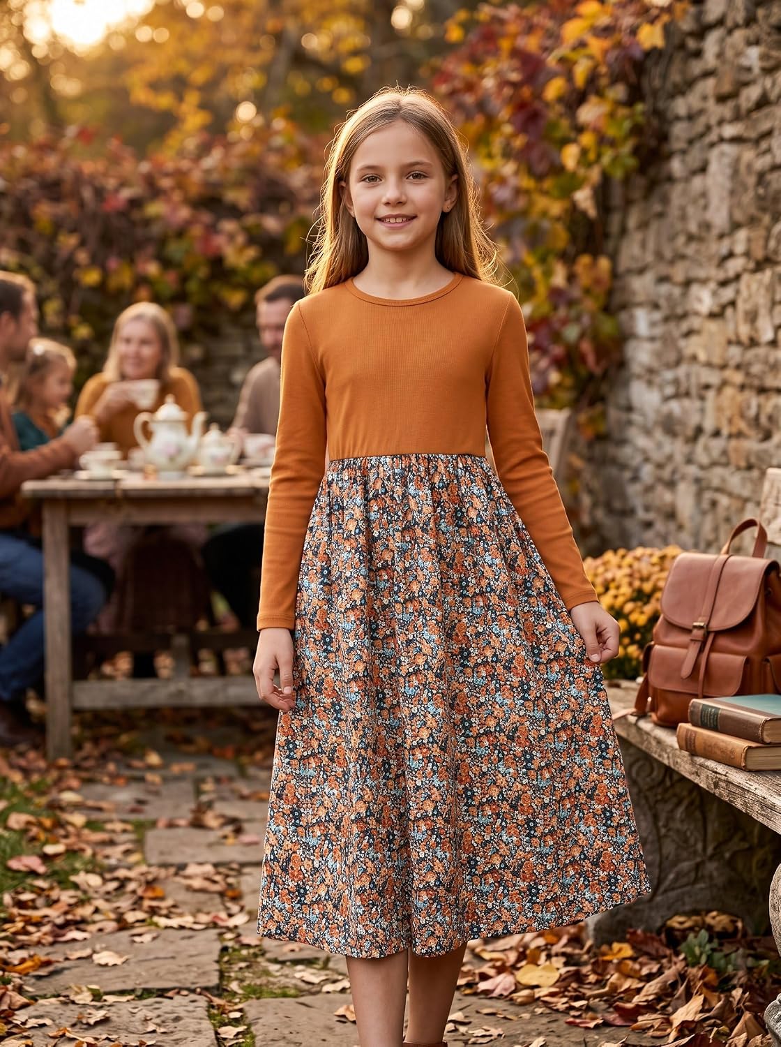 Girls Floral Fall Midi Dresses for Tweens Pockets Party 7-14 Years