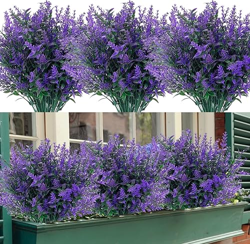 CEWOR 10 paquetes de flores artificiales para exteriores, plantas de lavanda falsas para interiores, resistentes a los rayos UV, ramos de plástico