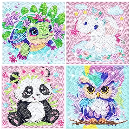 4 Pack Cartoon Diamond Art Kits for Kids, Crafts for Girls 8-12 Arts and Crafts for Kids Ages 4-8, 5D Cute Animals Diamond Art Painting for Adults Beginner, Gem Art for Home Wall Decor (6X6 inch) - colorful