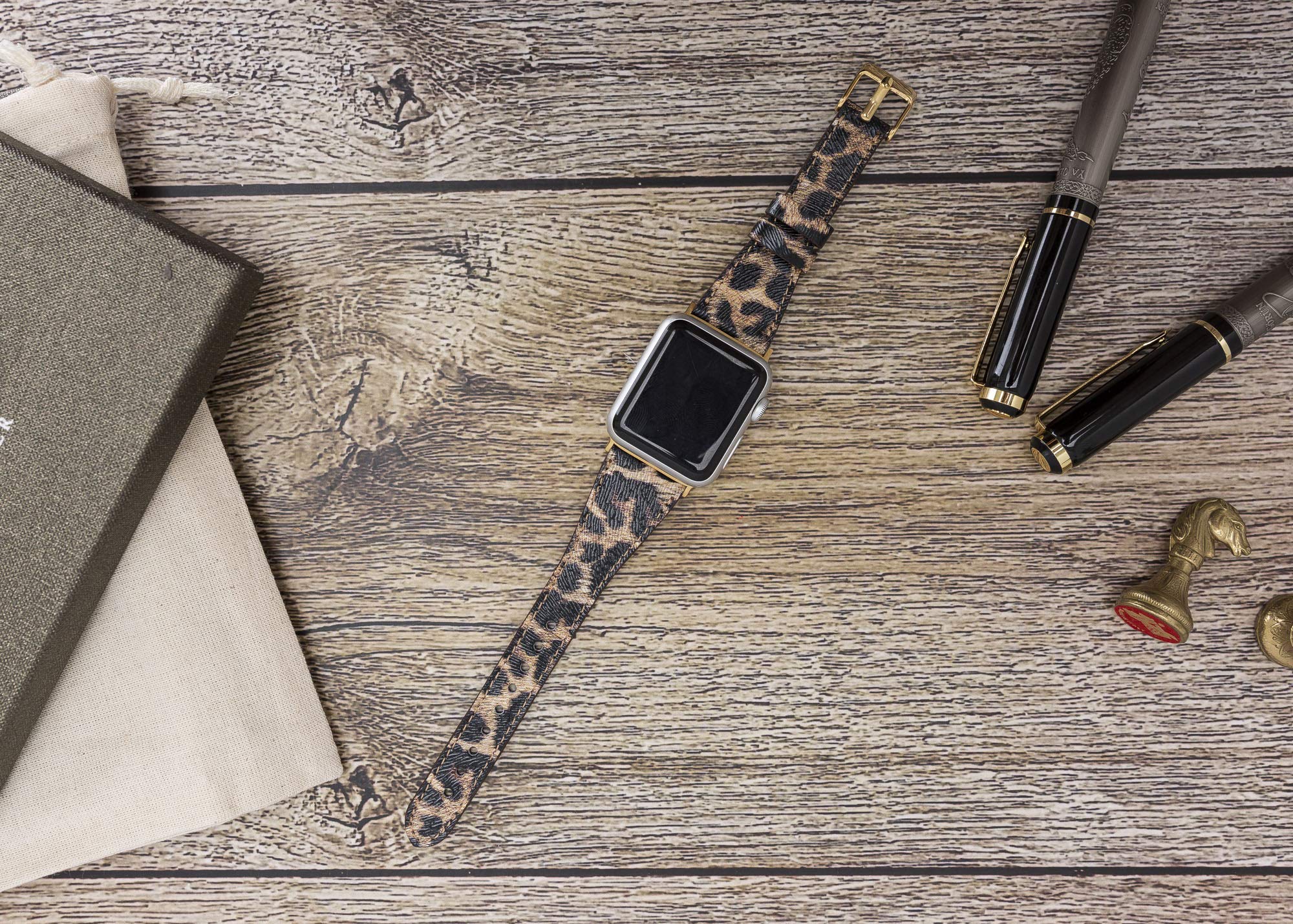 Venito Messina Leather Slim Watch Band Compatible with Apple Watch Series 9 8 7 6 5 4 3 2 1 SE 41mm 40mm 38mm (Leopard Pattern w/Gold Connector&Clasp)