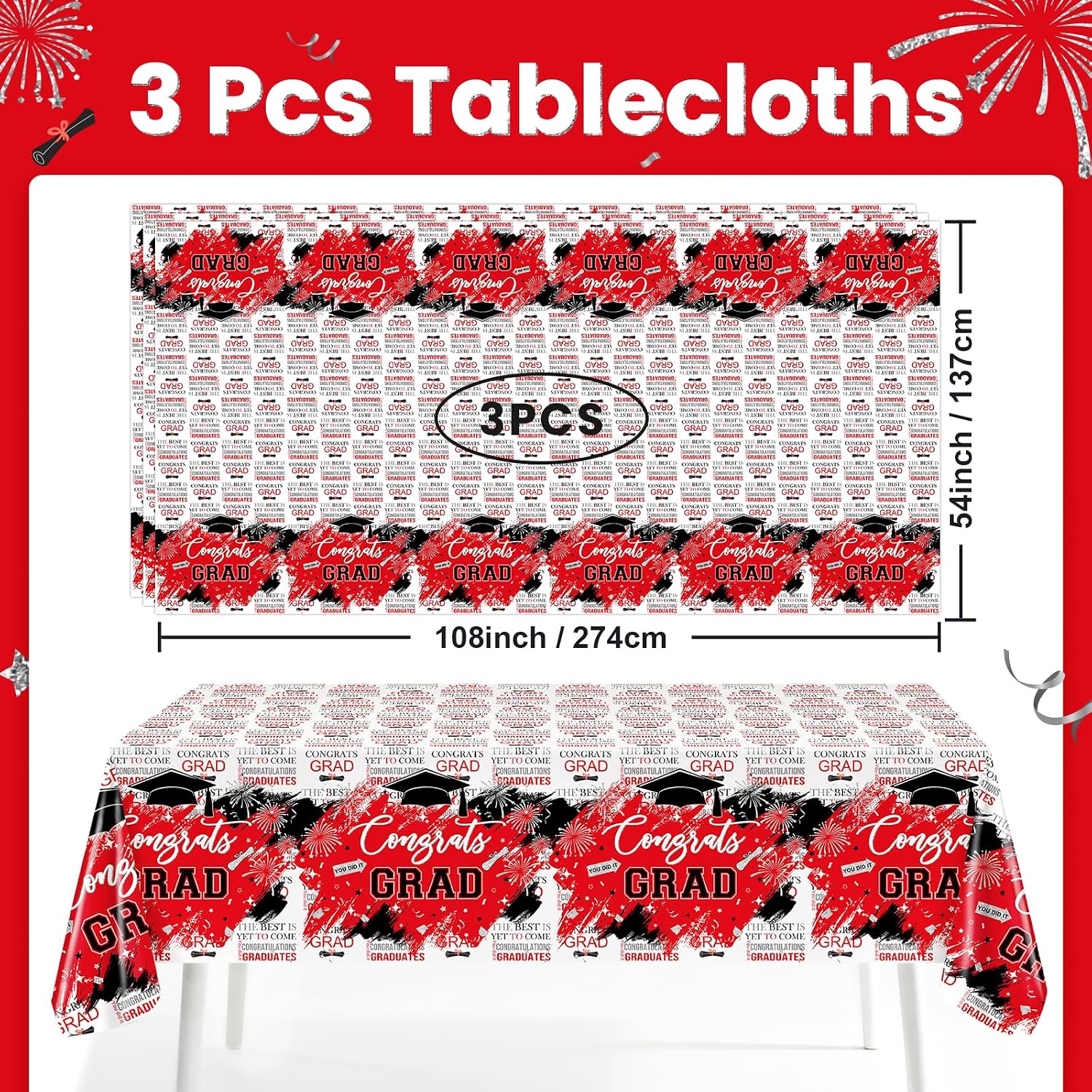 Avezano 3 pcs Graduation Tablecloths 108x54 2026 Graduation Decorations Congrats Grad Party Tablecovers Disposable Plastic for School Class Home, Red