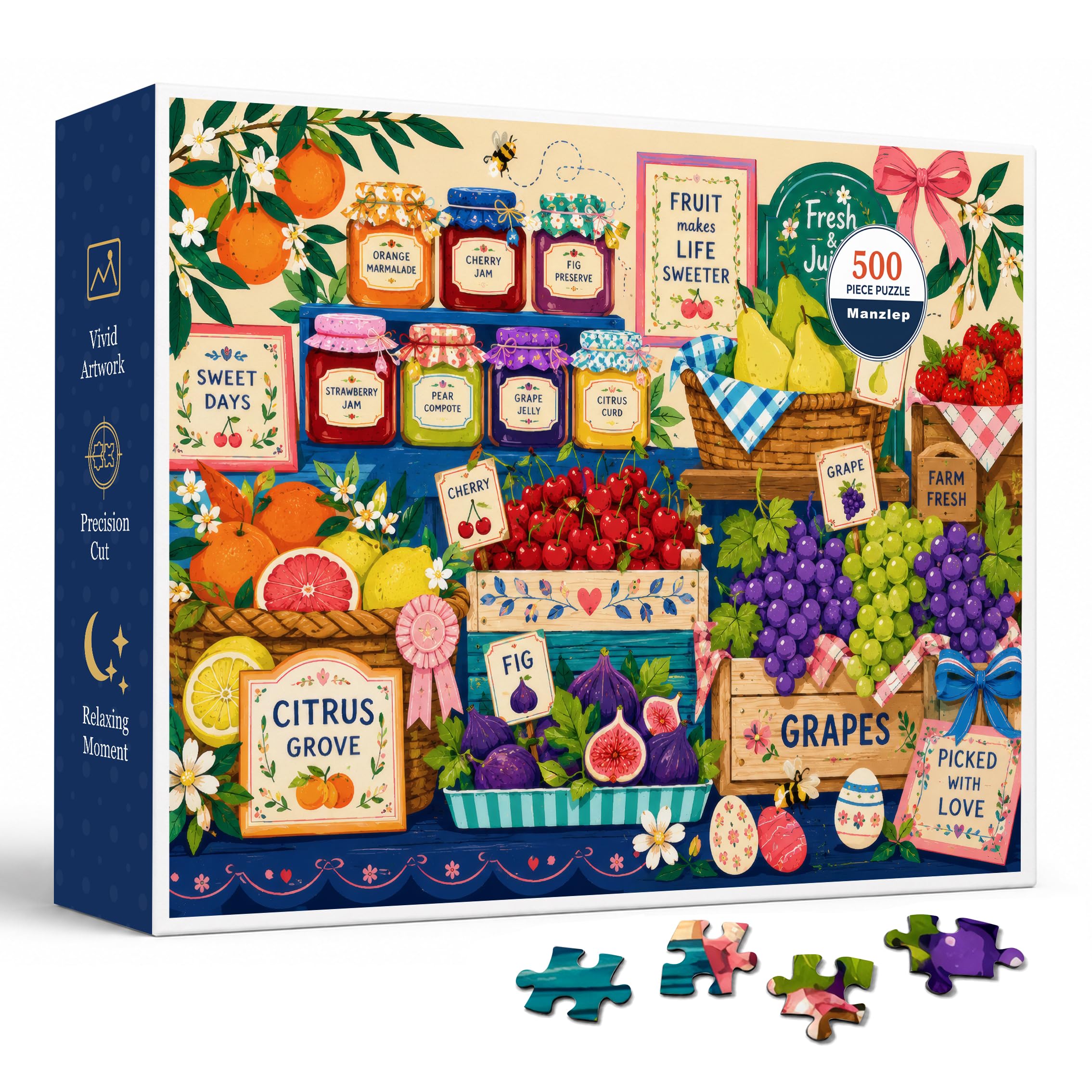 Fruit Market 500 Piece Jigsaw Puzzle for Adults, Colorful Farm Stand Scene with Jam Jars, Pear Basket, Cherries, Grapes, Citrus Signs, Vintage Cottagecore Artwork and Fresh Fruit Crates, 20.5 x 15 in