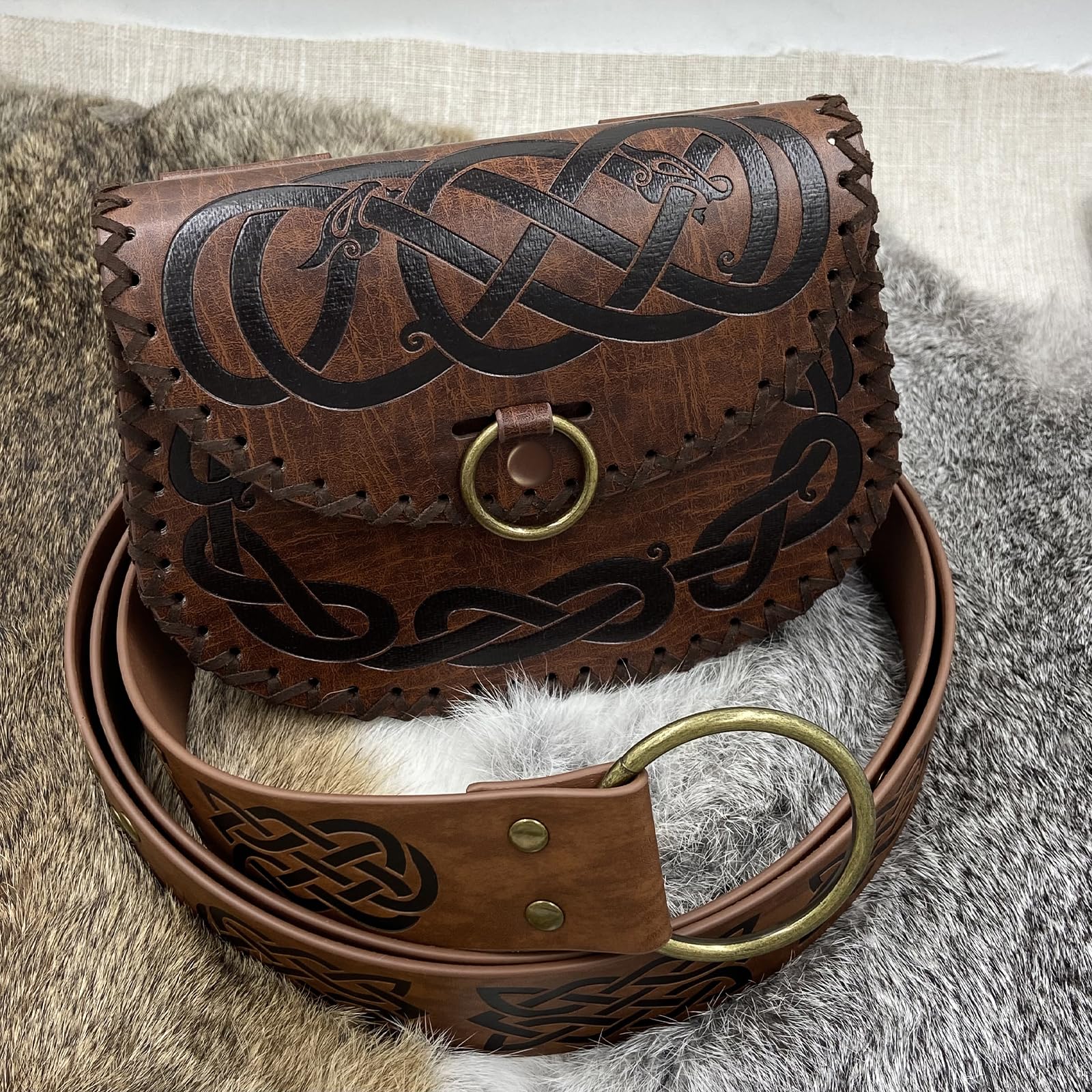 HiiFeuer Ceinture médiévale avec Anneau torique en Relief Nordique, Ceinture Vintage en Cuir synthétique et Poche latérale pour LARP