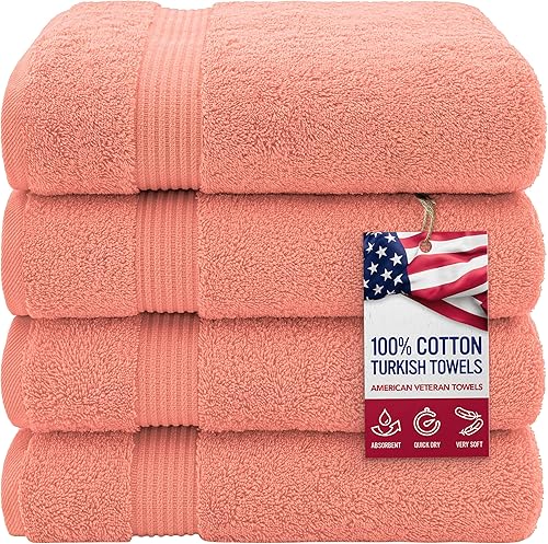 Paquete de 4 toallas de baño turcas 100% algodón para baño, 27 x 54 pulgadas, extra grandes, de secado suave, color coral
