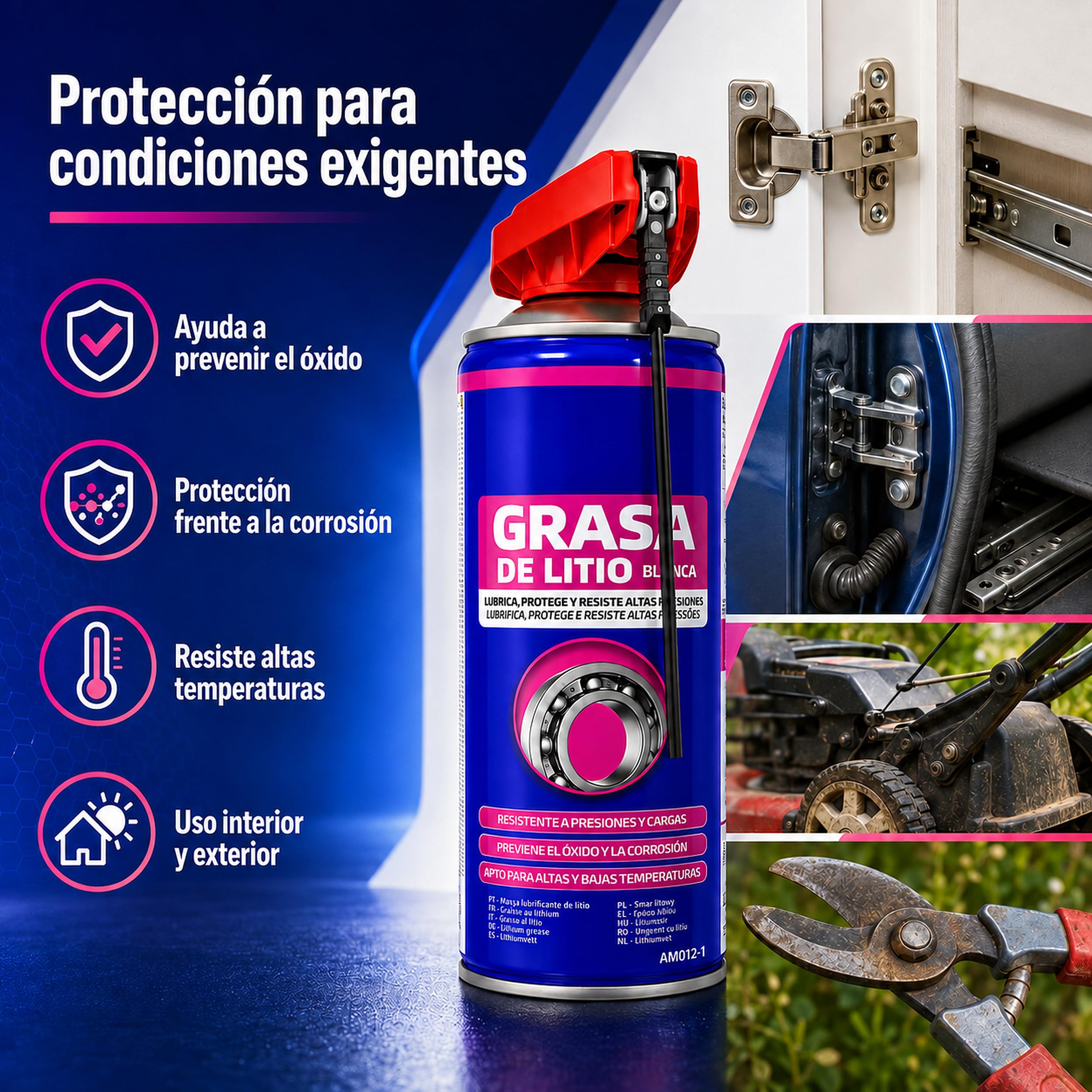 Grasa Blanca de Litio en Spray 400 ml, Lubricante Multiusos con Cánula de Precisión, Alta Adherencia y Protección Anticorrosión para Bisagras, Rodamientos, Engranajes y Guías, Pack de 6 Unidades