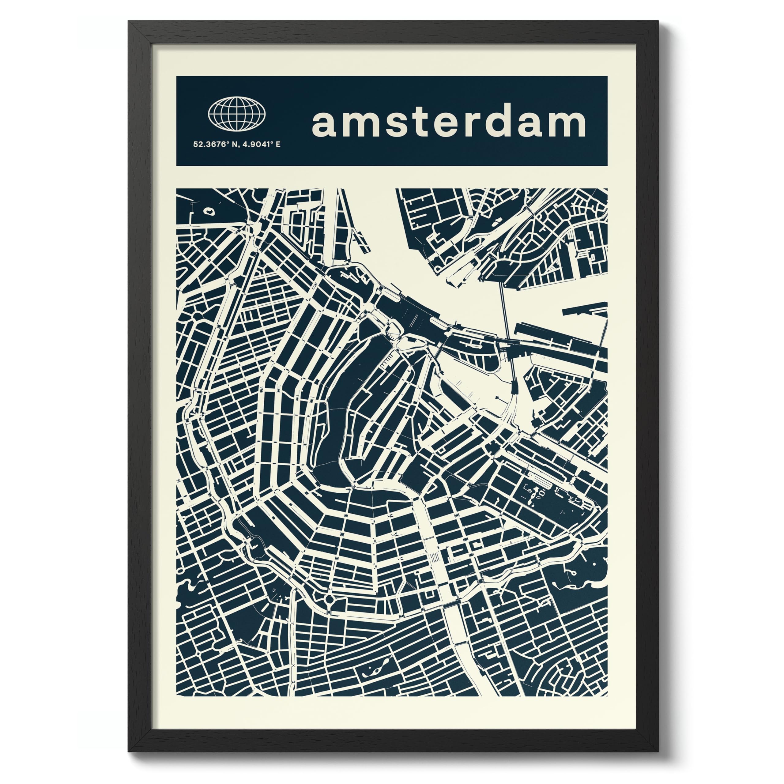 Amsterdam Minimalist City Maps Poster, City Coordinates Print, Landmark Apartment Home Decor, A3 (Black Frame) - 45x32.8cm